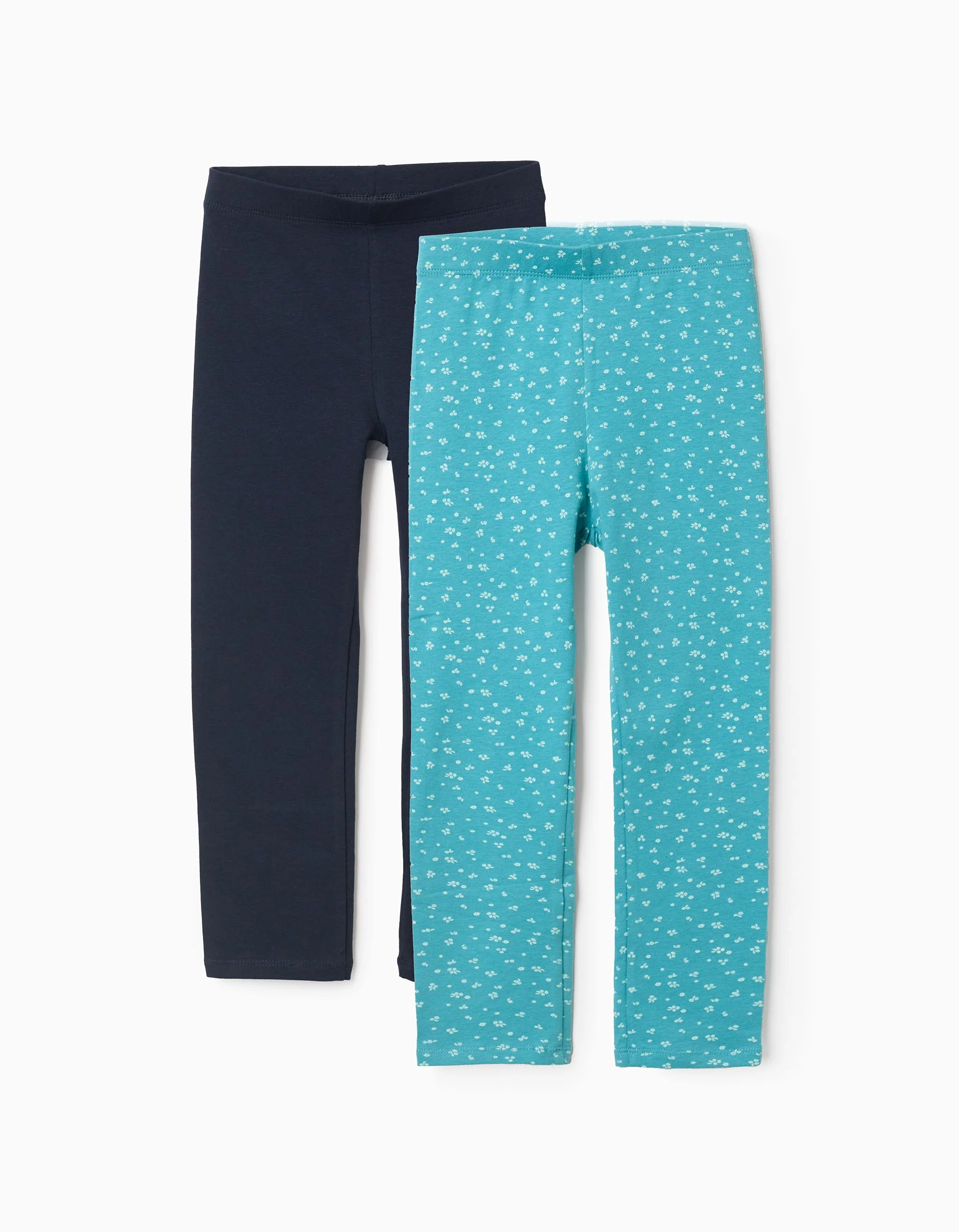 Pack of 2 plain/floral leggings for girls, dark/light blue
