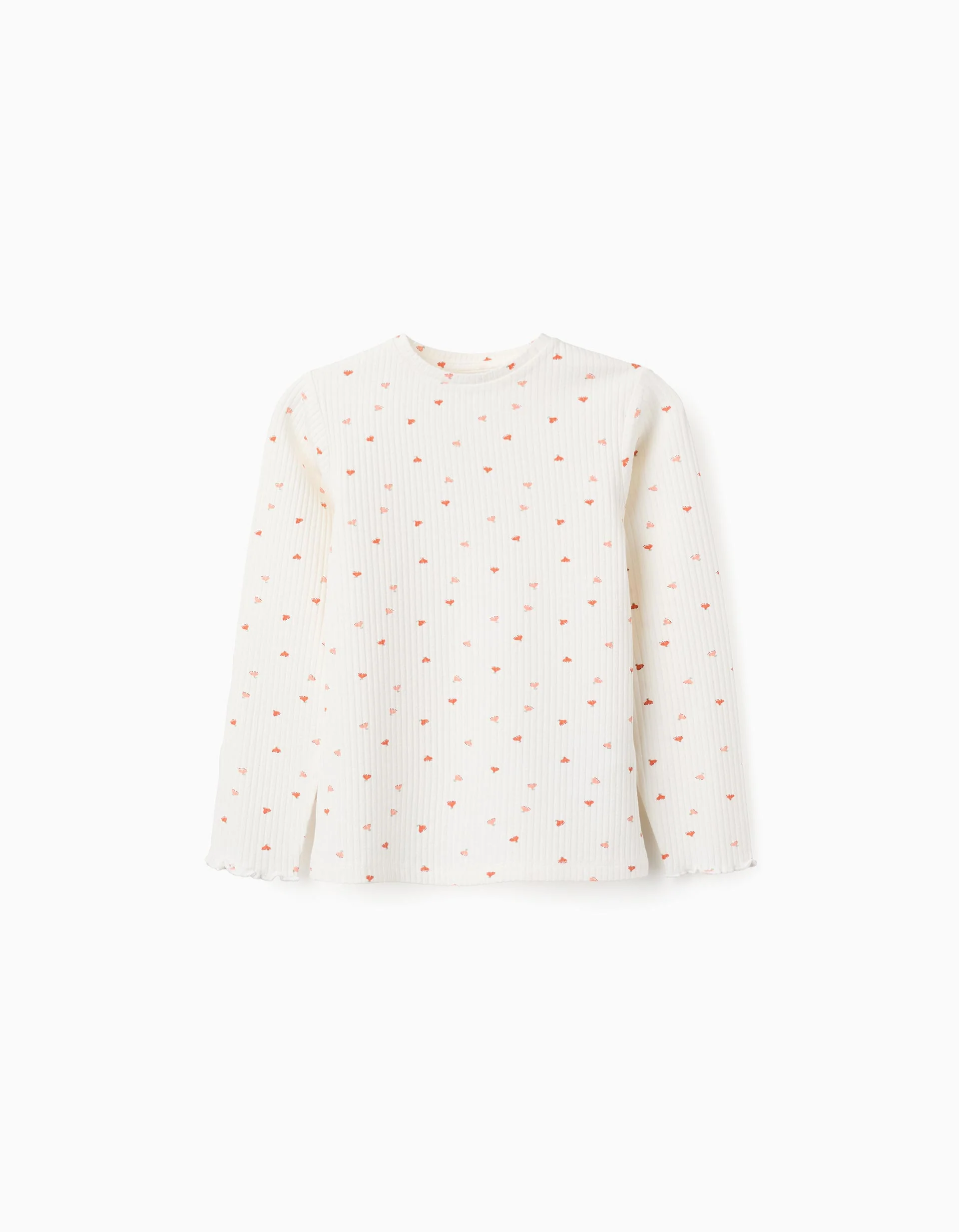 Long Sleeve Ribbed T-shirt with Motif for Girls, White