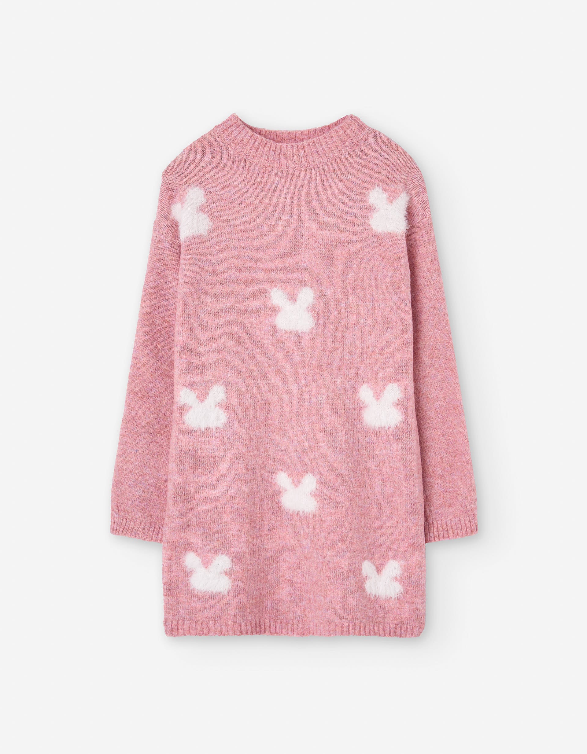 Knitted dress with bunny motif in jacquard for girls, pink/white