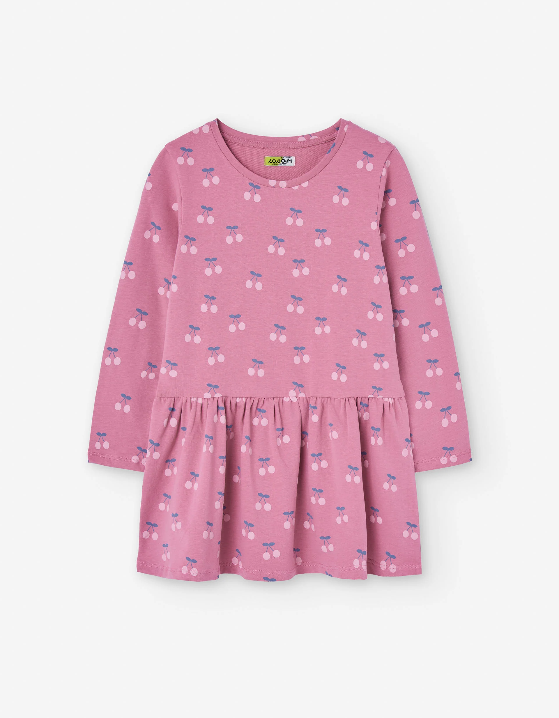Long sleeve cotton dress with cherry motif for girls, pink