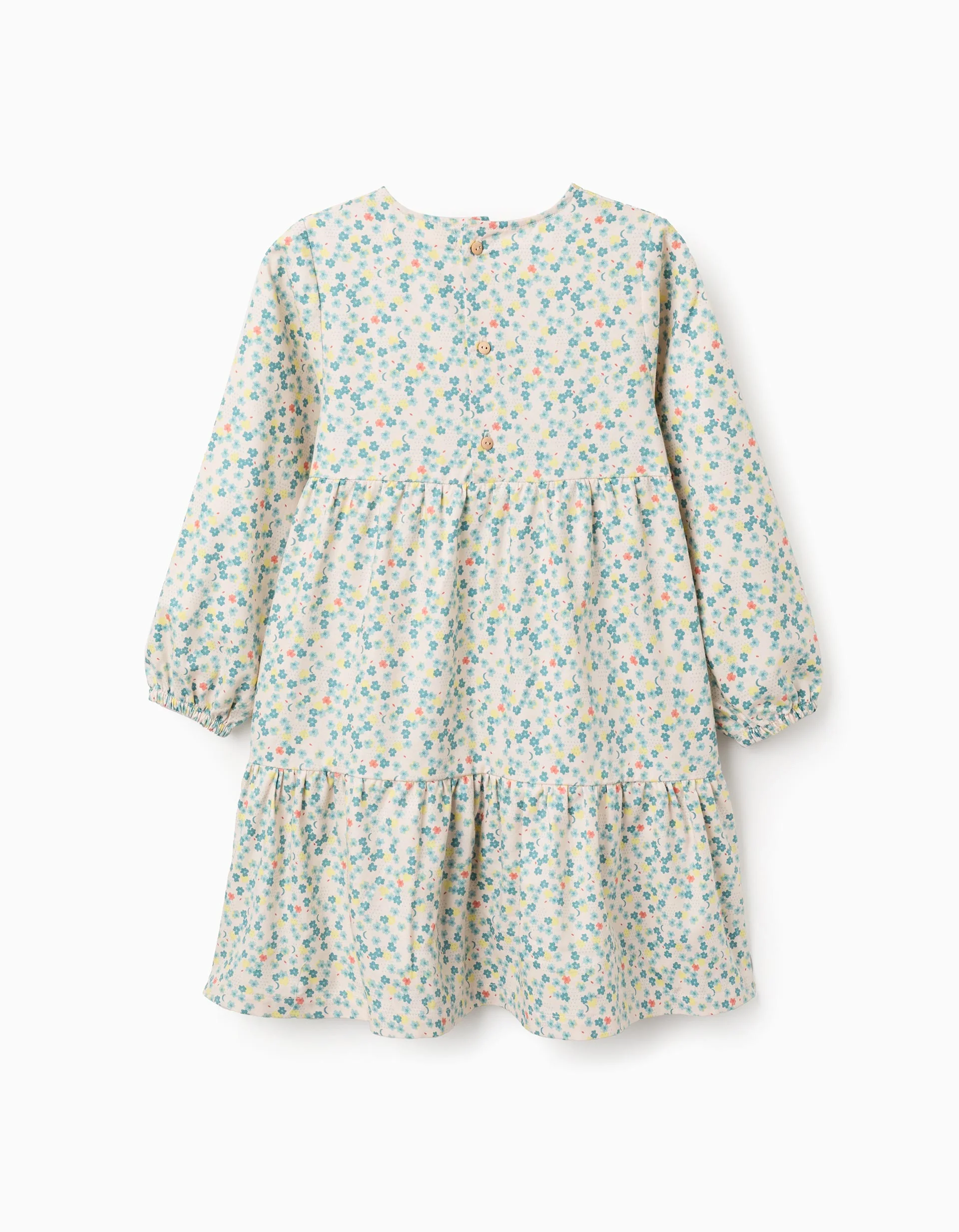 Long sleeve cotton dress with floral pattern for girls, beige