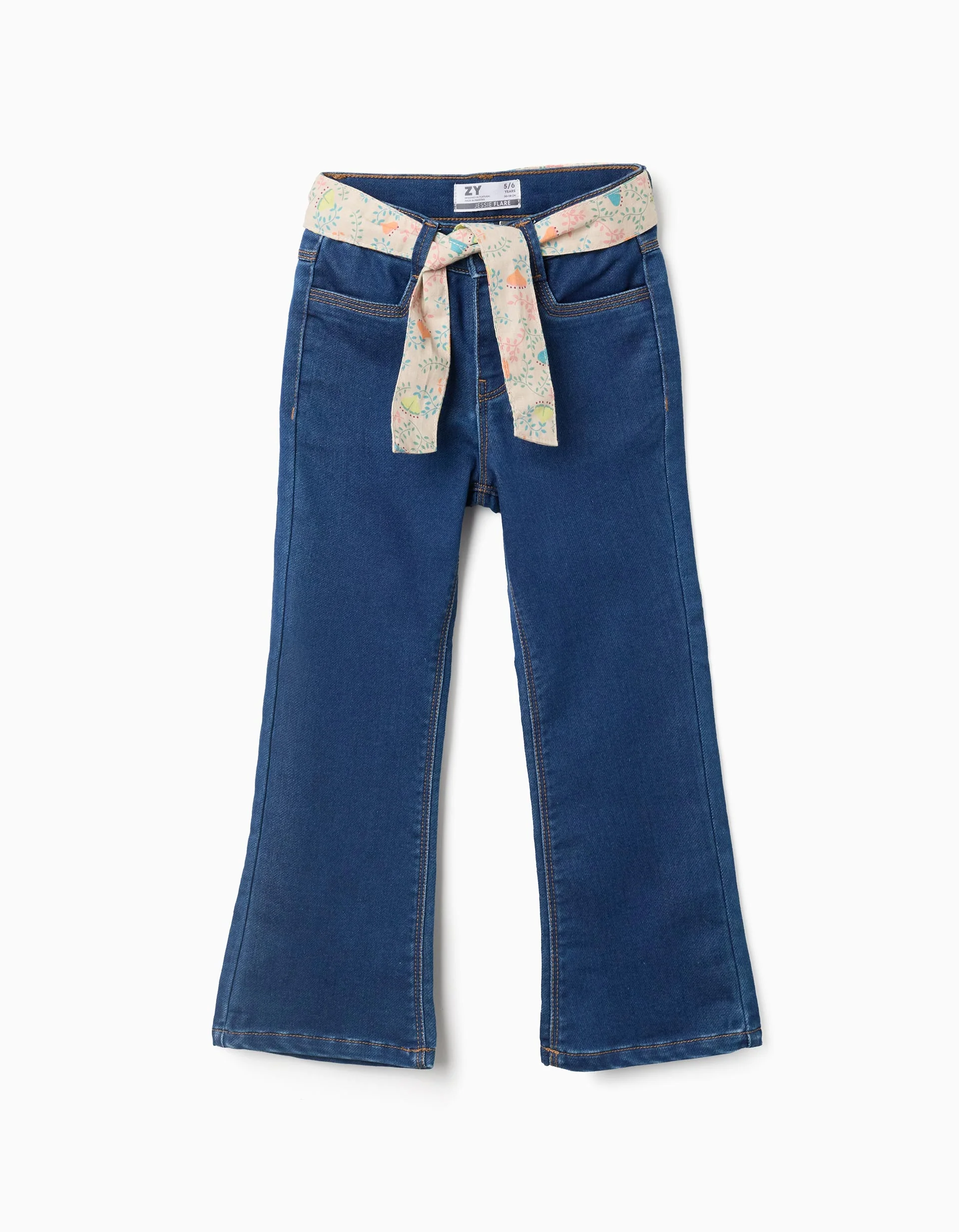 Flared Jeans with Floral Belt for Girls, Blue