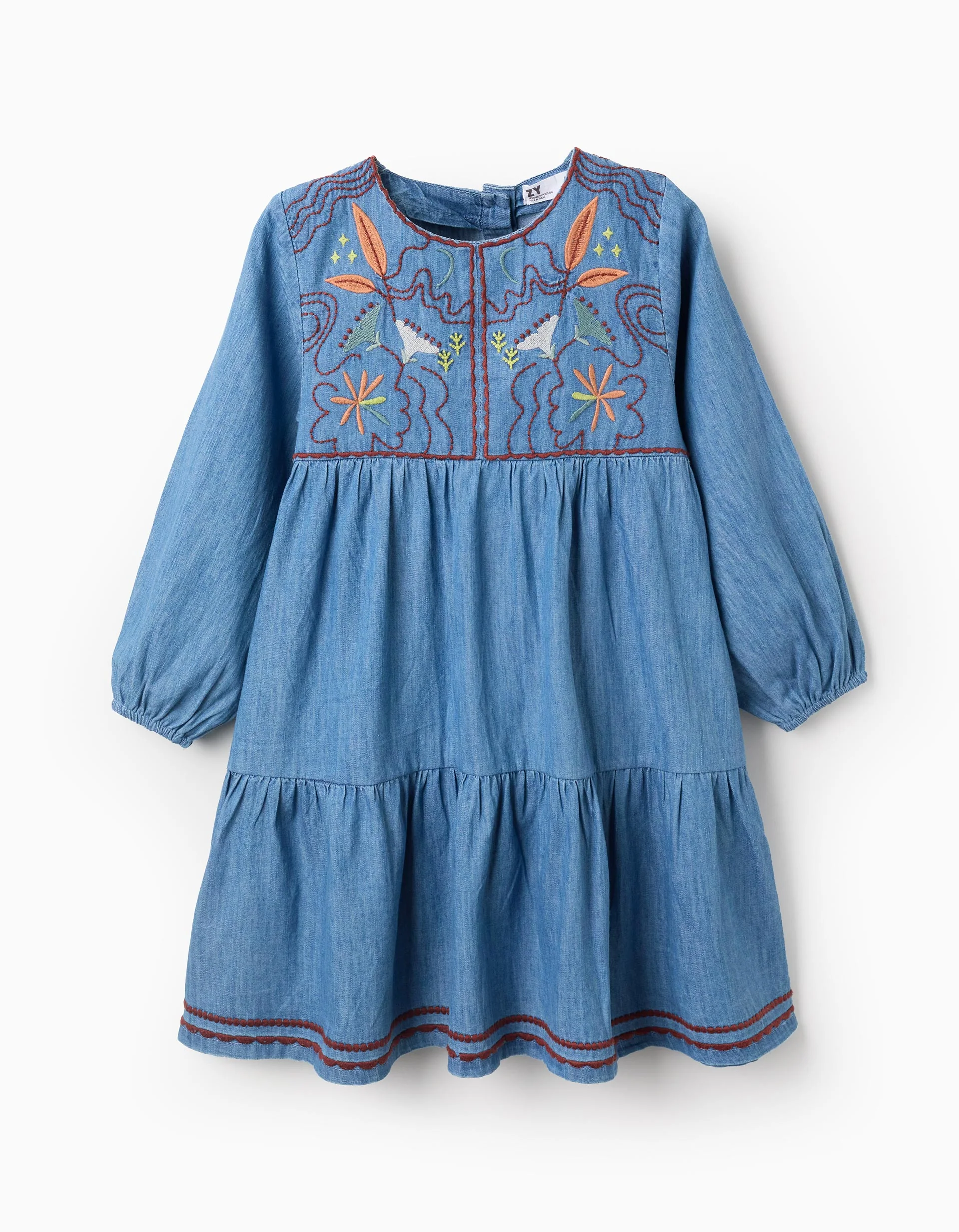 Embroidered Cotton Denim Dress for Girls, Blue