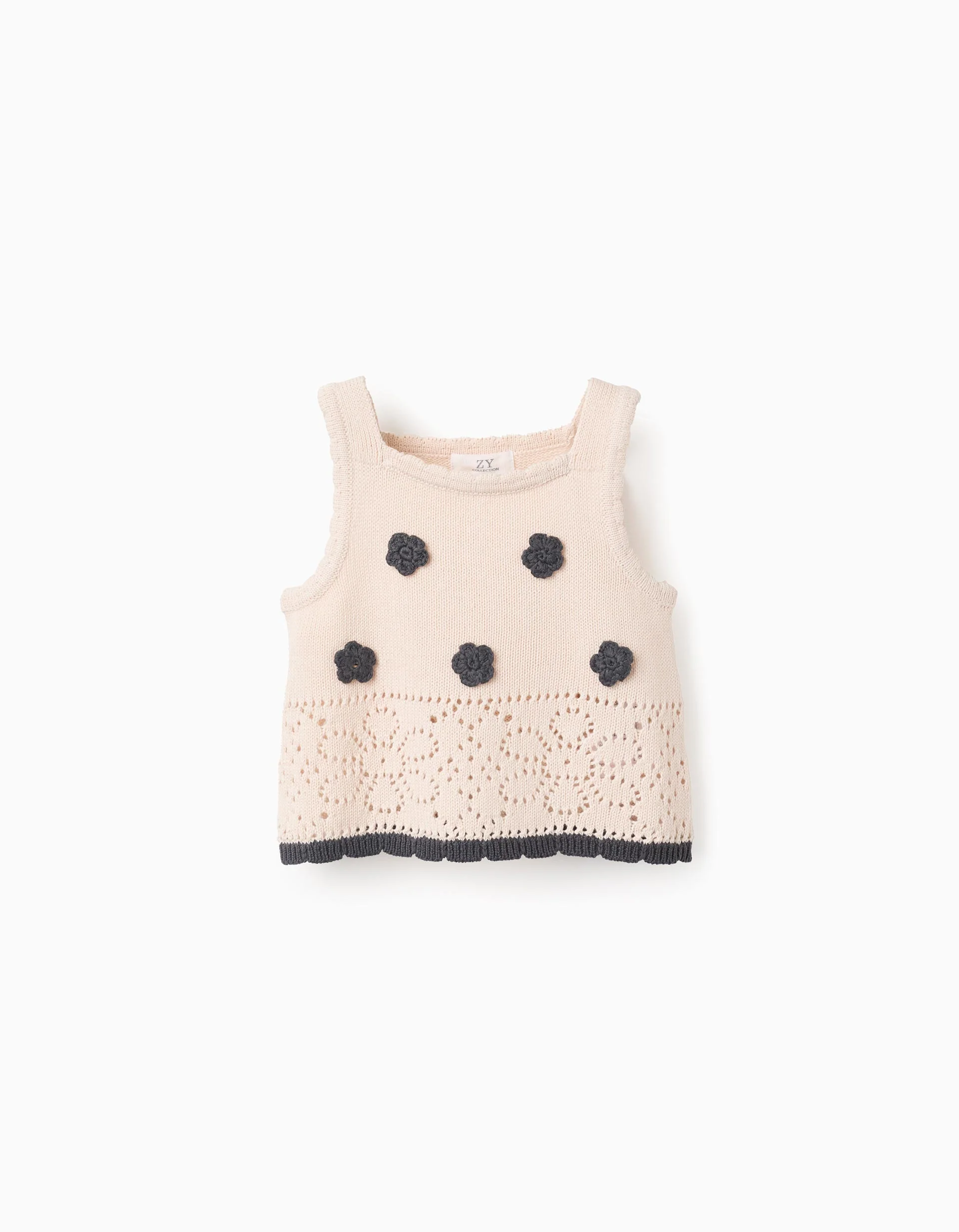 Crochet Flower Knit Top for Girls, Beige/Grey