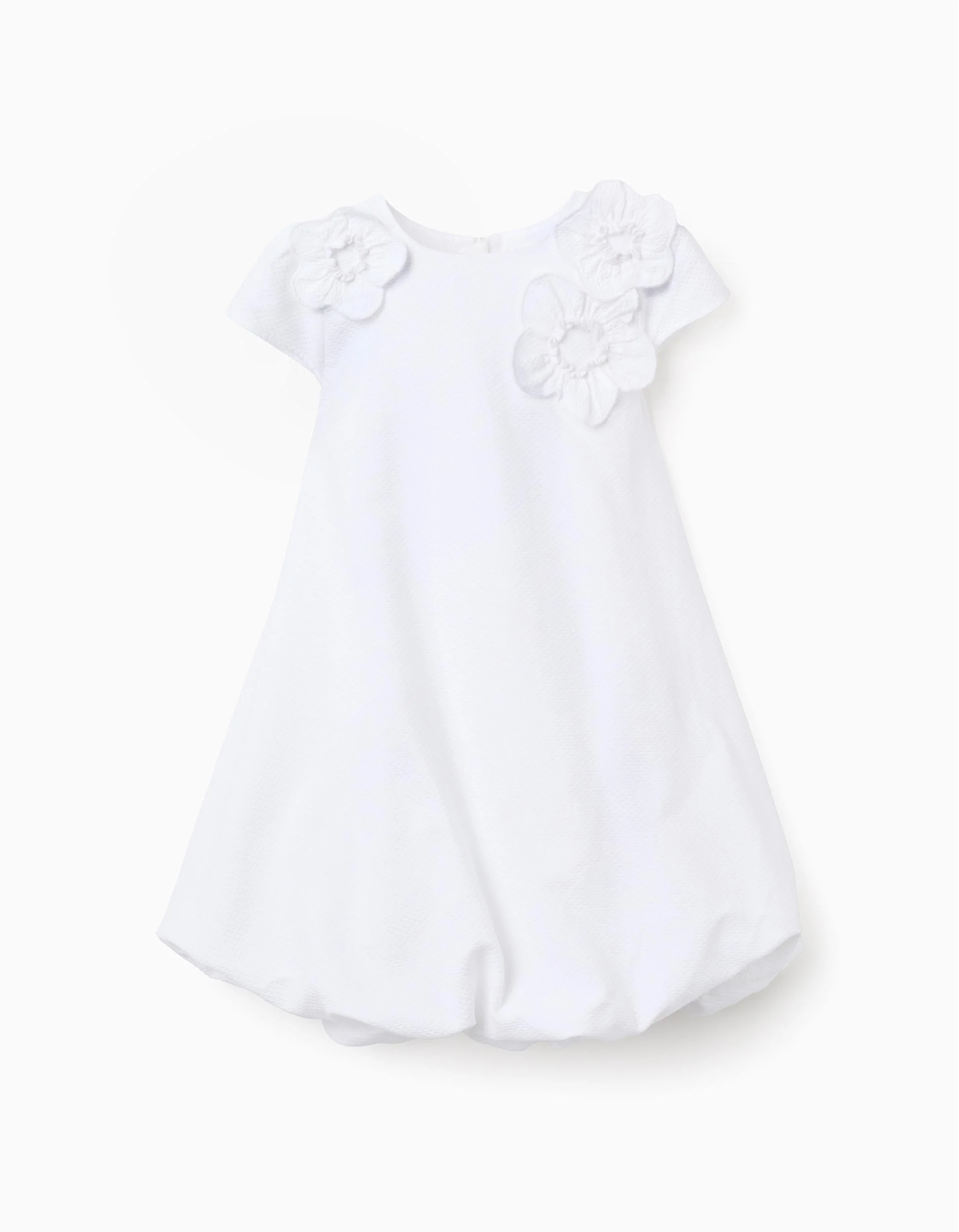 Cotton dress with balloon effect and flowers for girls, white