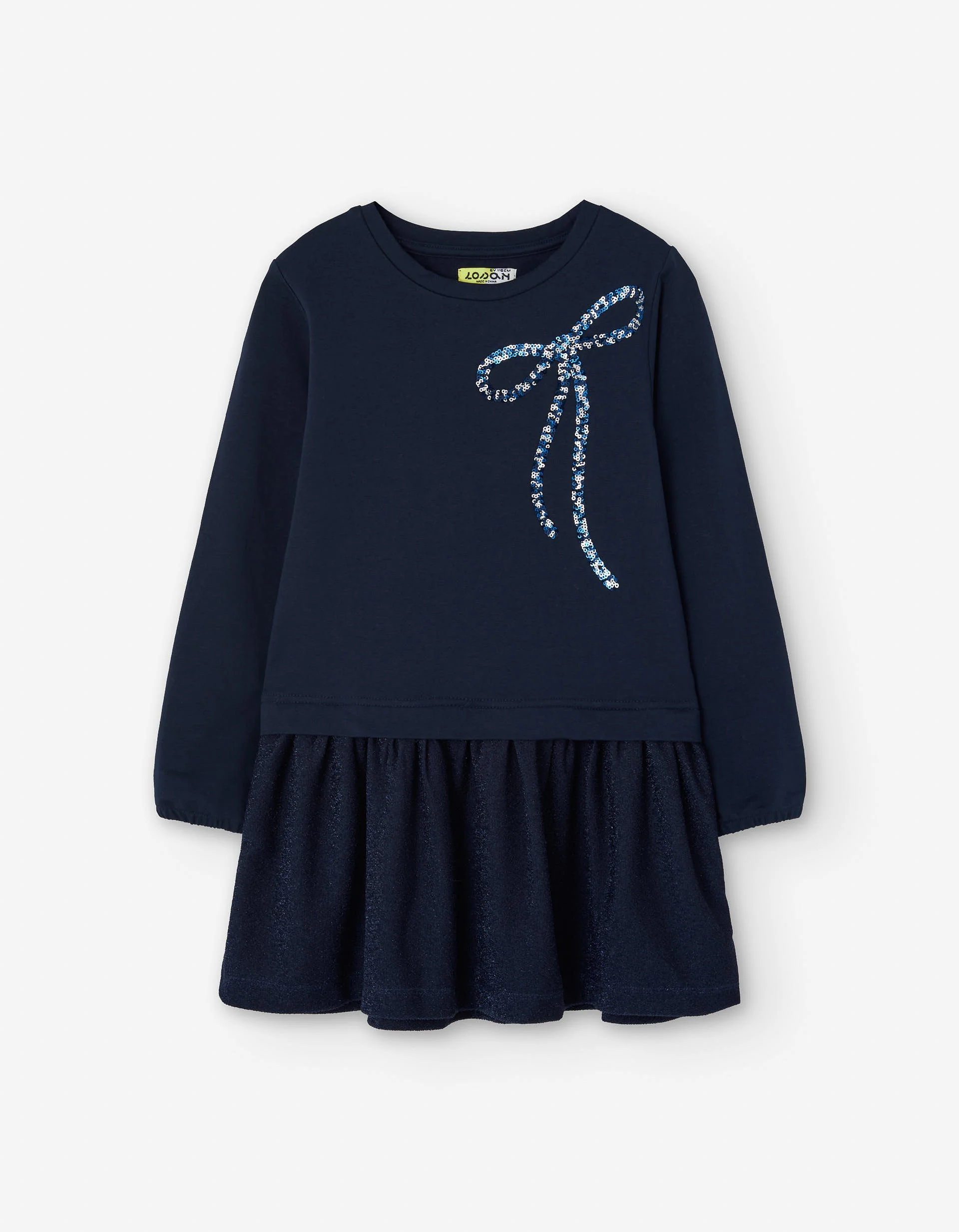 Dual-fabric long sleeve dress with sequined bow for girls, dark blue