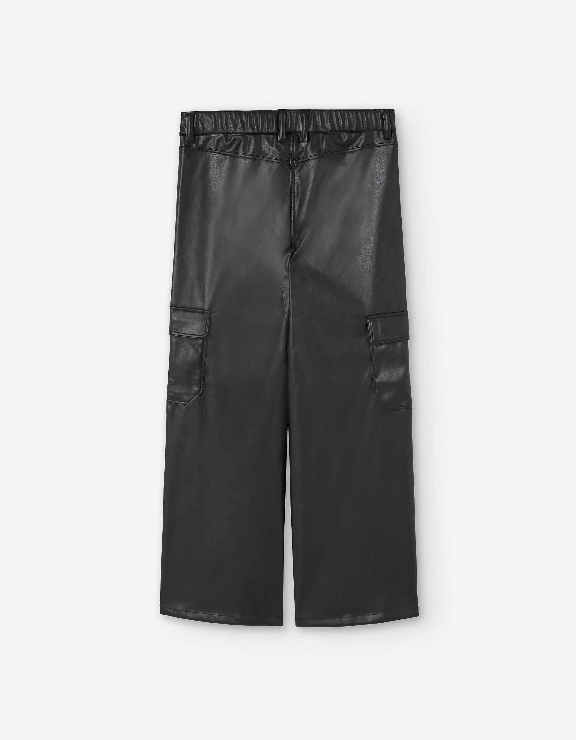 Synthetic leather trousers with cargo pockets for girls, black