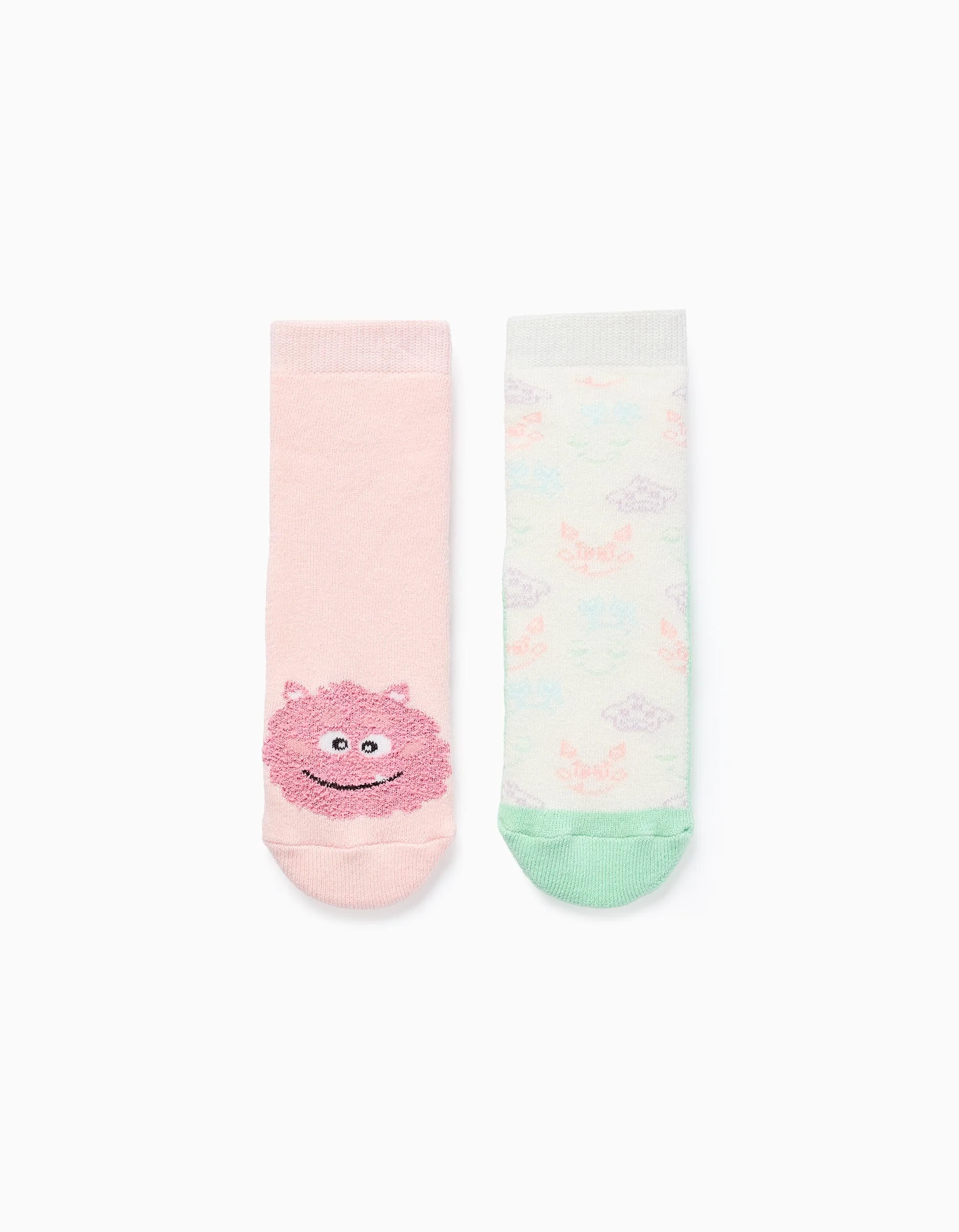 Pack of 2 Pairs of Non-slip Socks for Girls 'Monsters', Pink/White