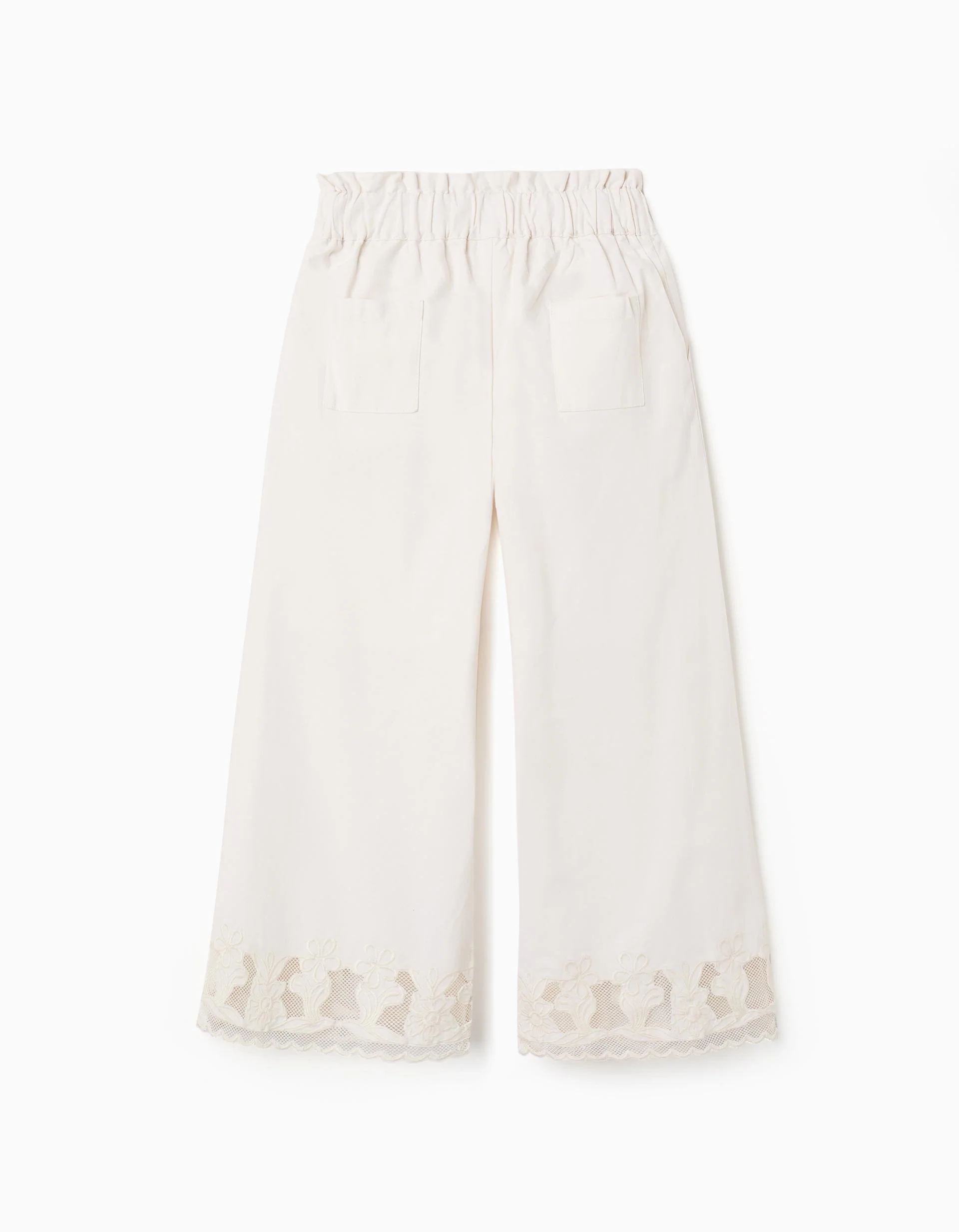 Wide leg cotton trousers with embroidered flowers for girls, white
