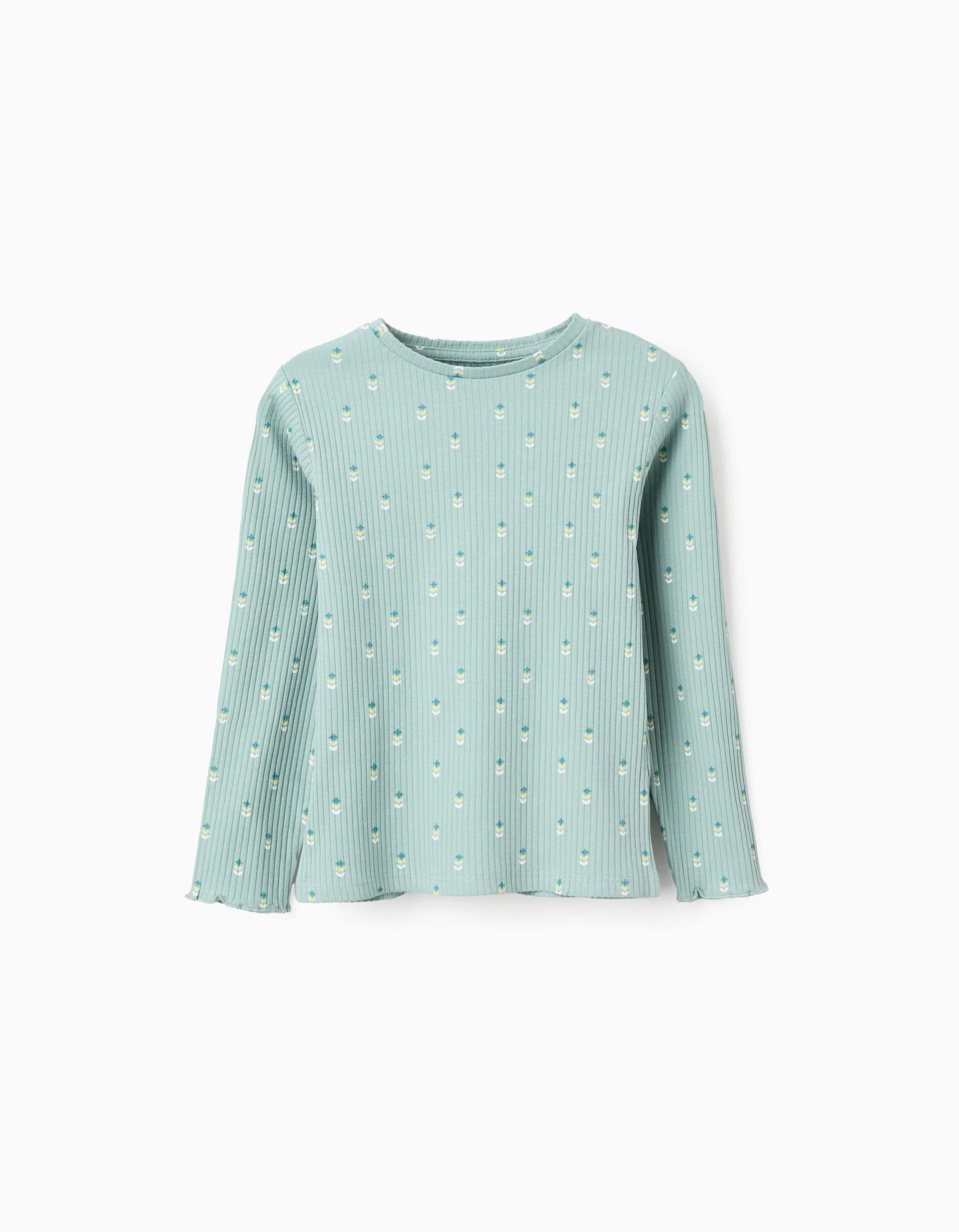 Long Sleeve Ribbed T-shirt with Motif for Girls, Light Green