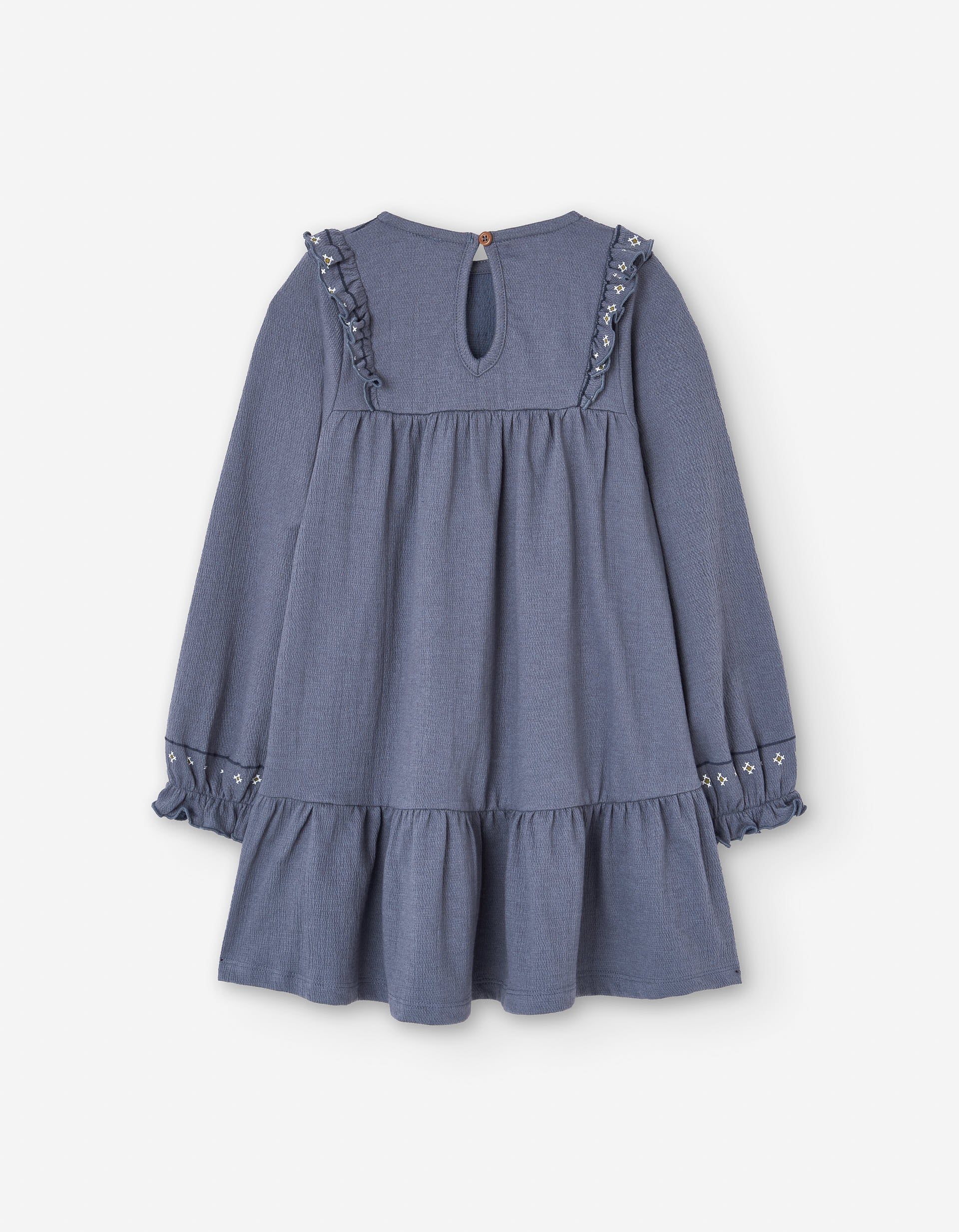 Long sleeve dress in bambula with embroidery for girls, blue