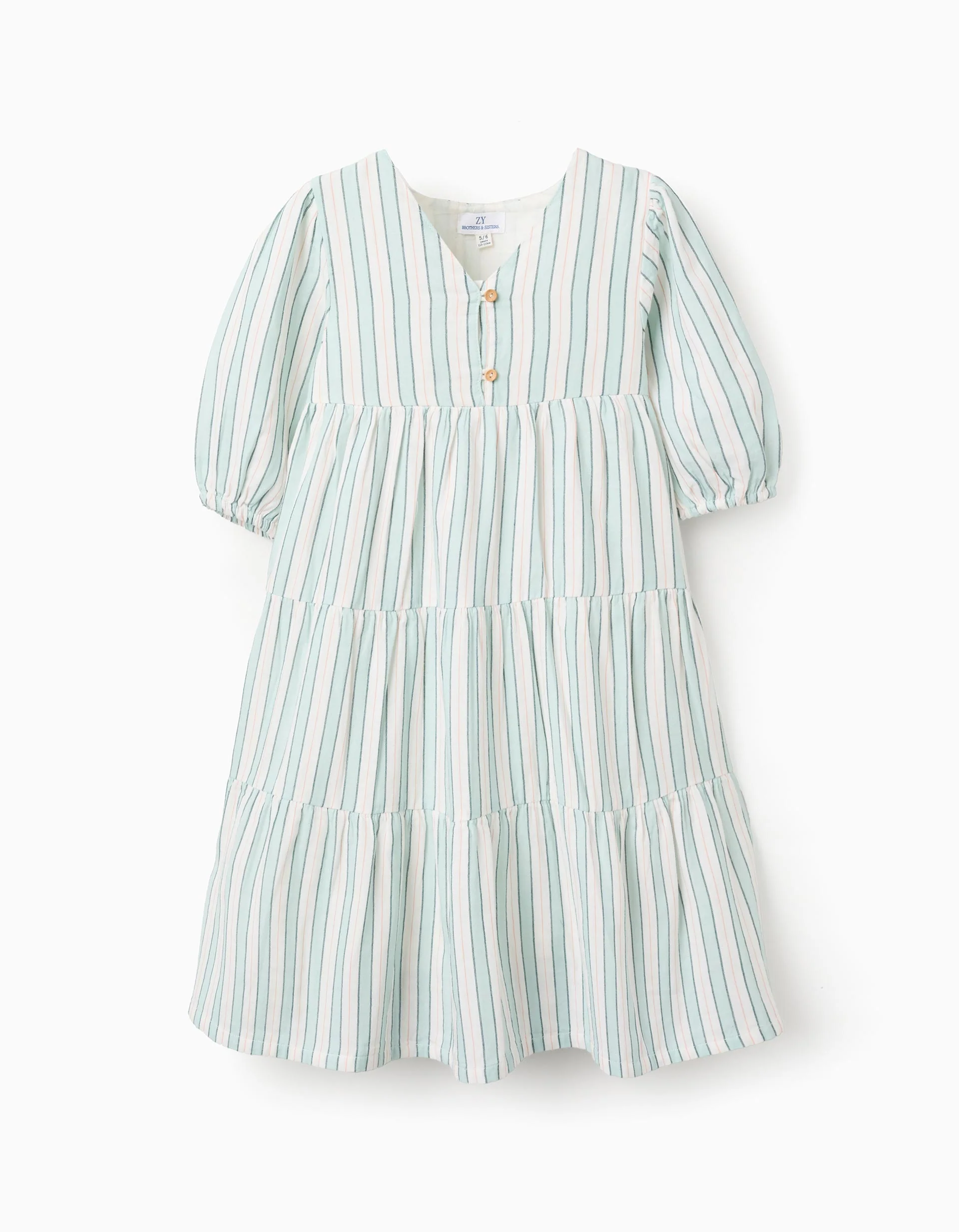 Striped Cotton Dress for Girls 'B&S', Green/White/Orange