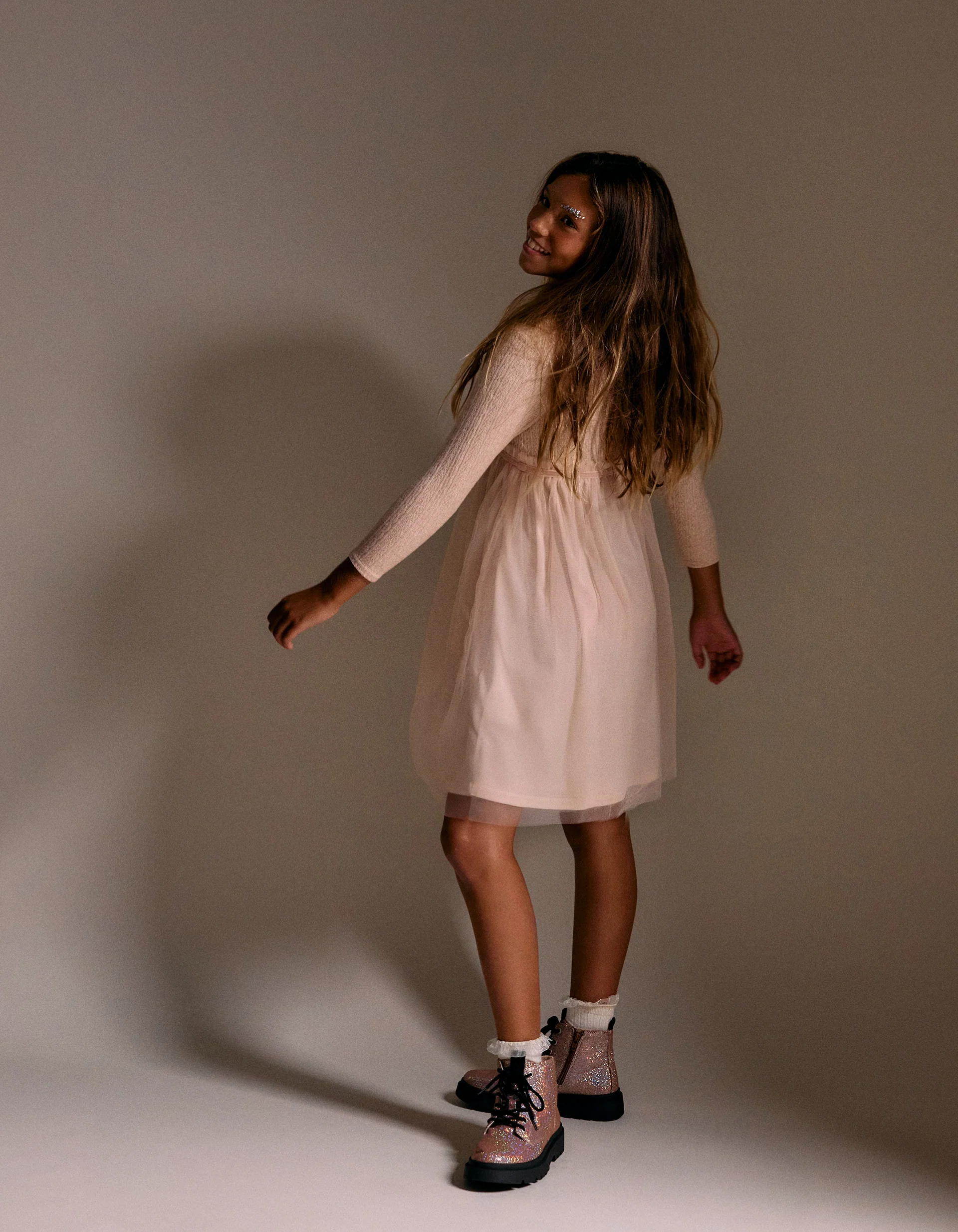 Dual-fabric dress with openwork knit and tulle for girls, pink