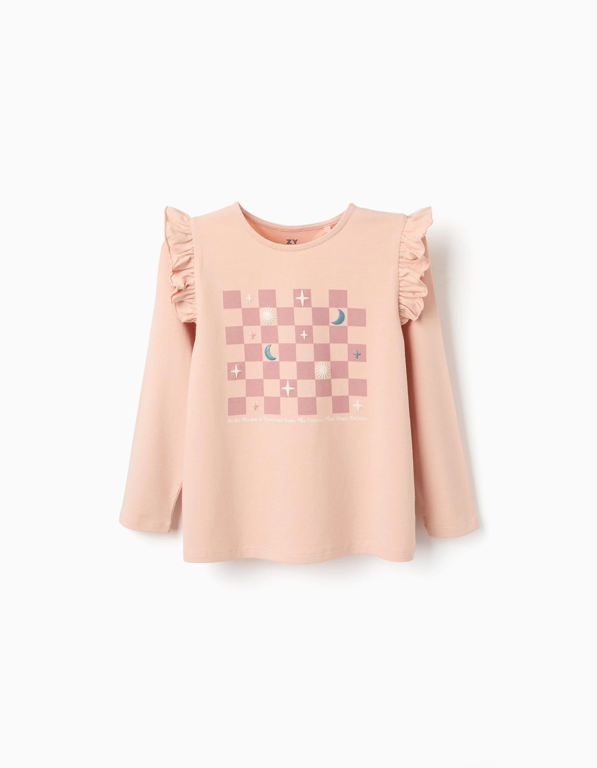 Long sleeve T-shirt with embossed print and ruffles for girls, pink