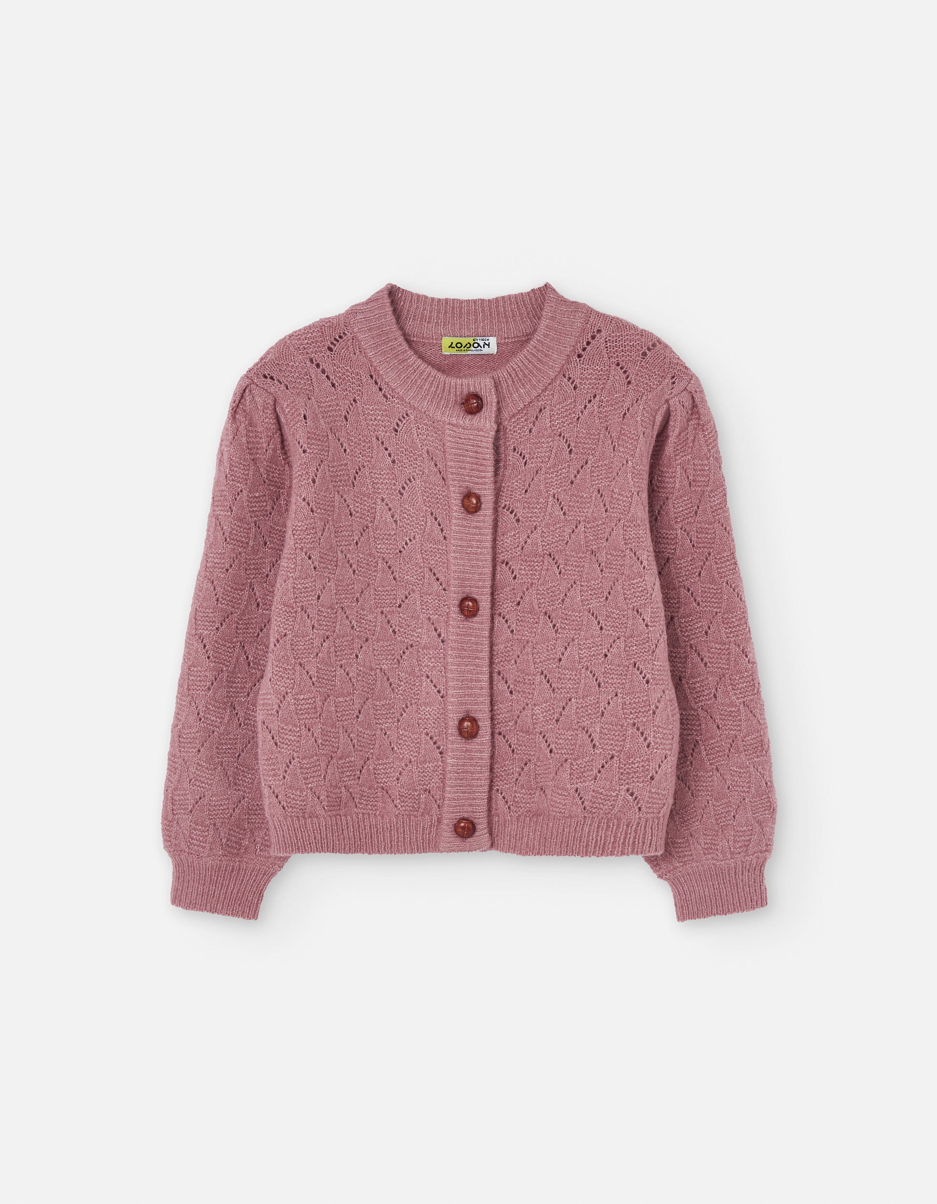 Openwork knit jacket with puffed sleeves for girls, pink