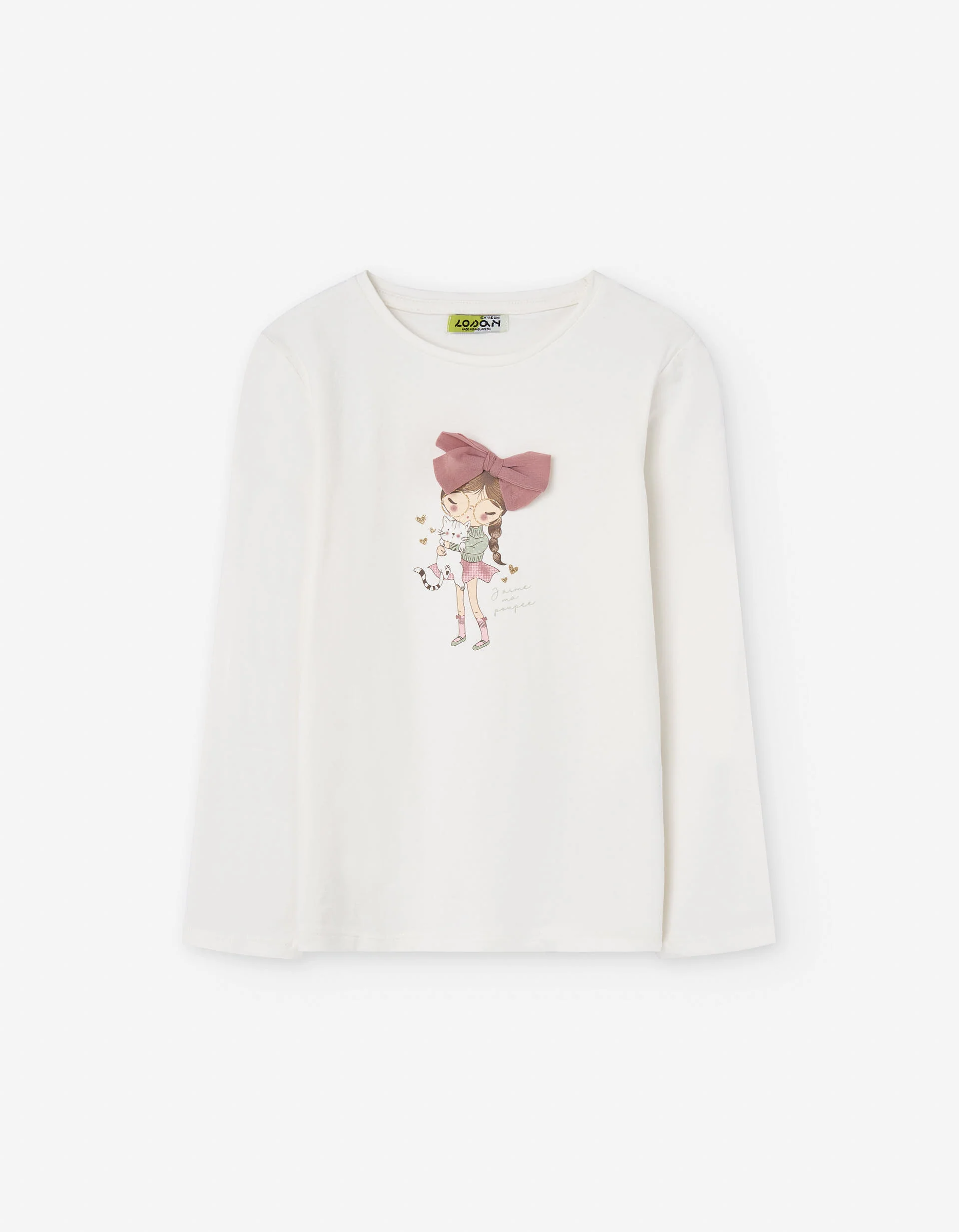 Long sleeve T-shirt with front print and 3D bow for girls, white