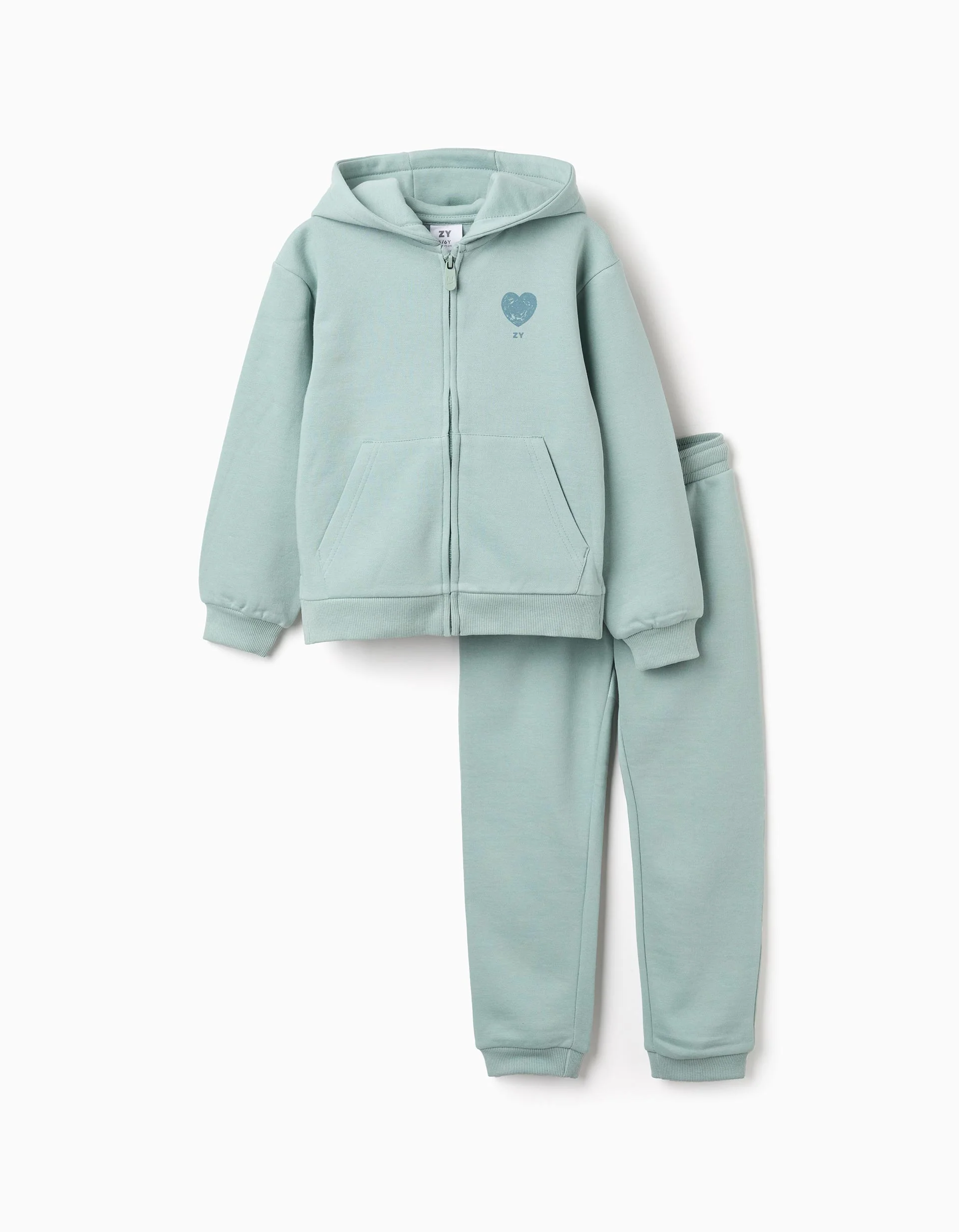 Brushed Set of Hooded Jacket + Trousers for Girls, Light Green