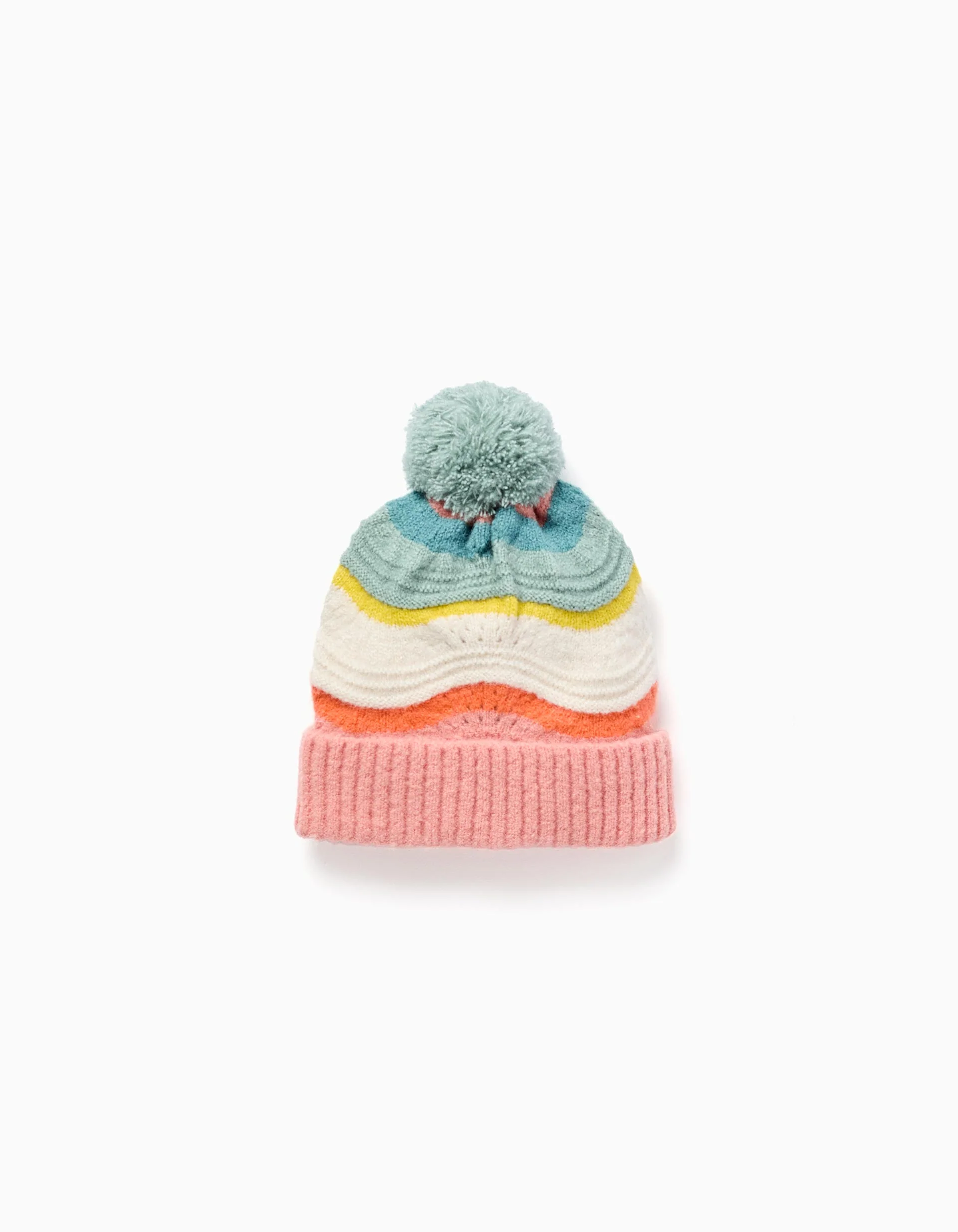 Knitted beanie with jacquard and pompon for girls, multicolour