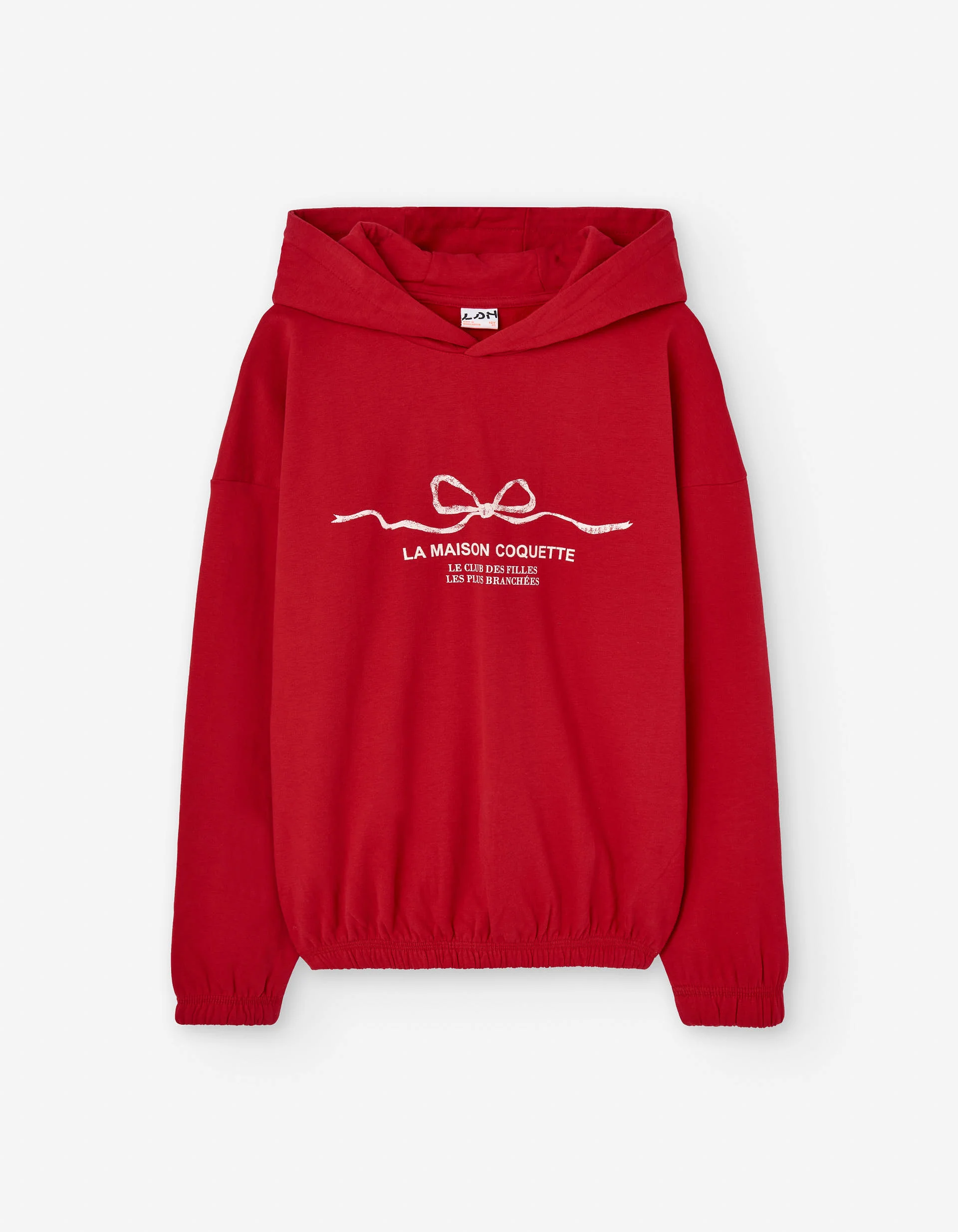 Brushed hooded sweatshirt with bow print for girls, red