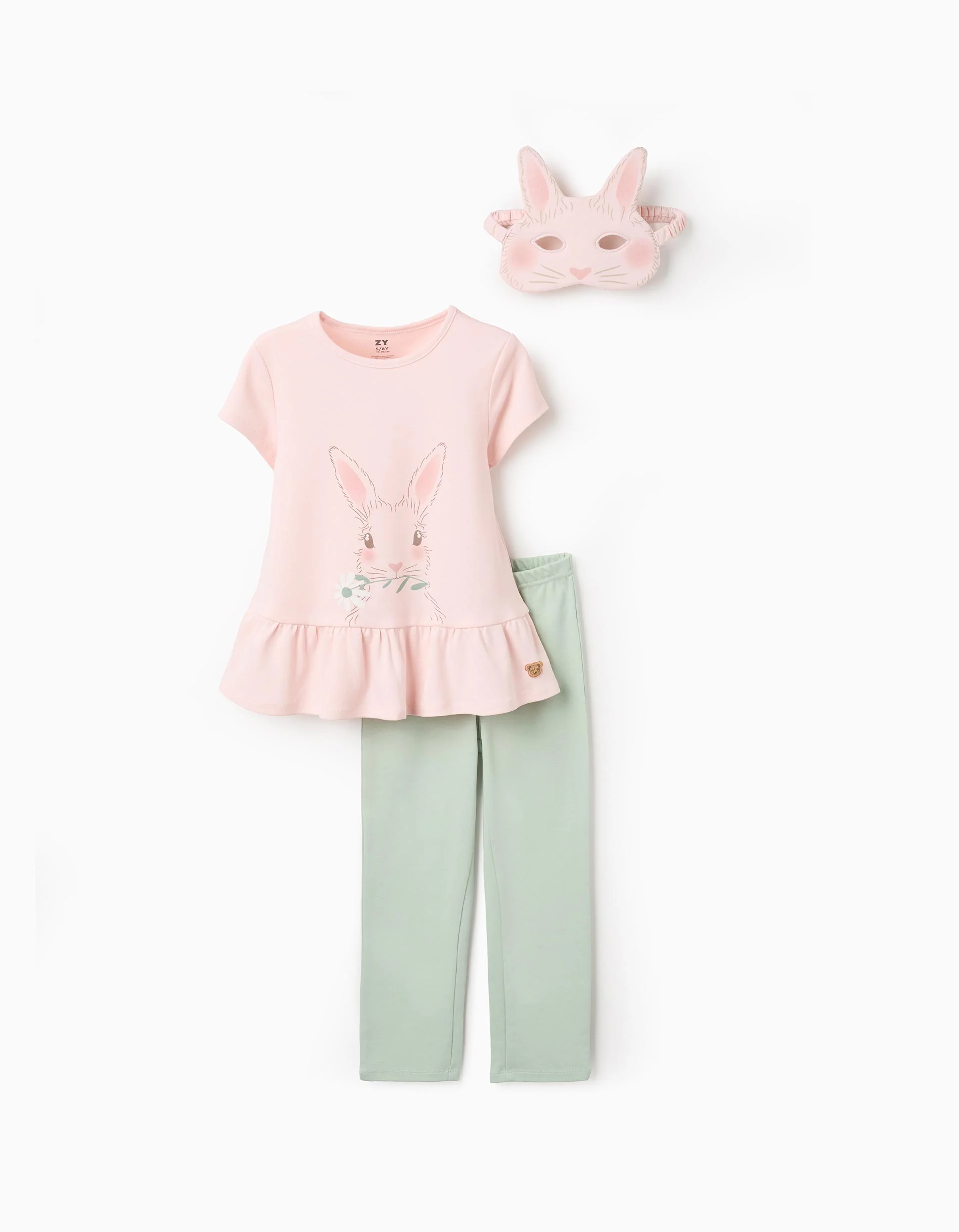 Cotton Pyjama with Bunny Mask for Girls, Pink/Green