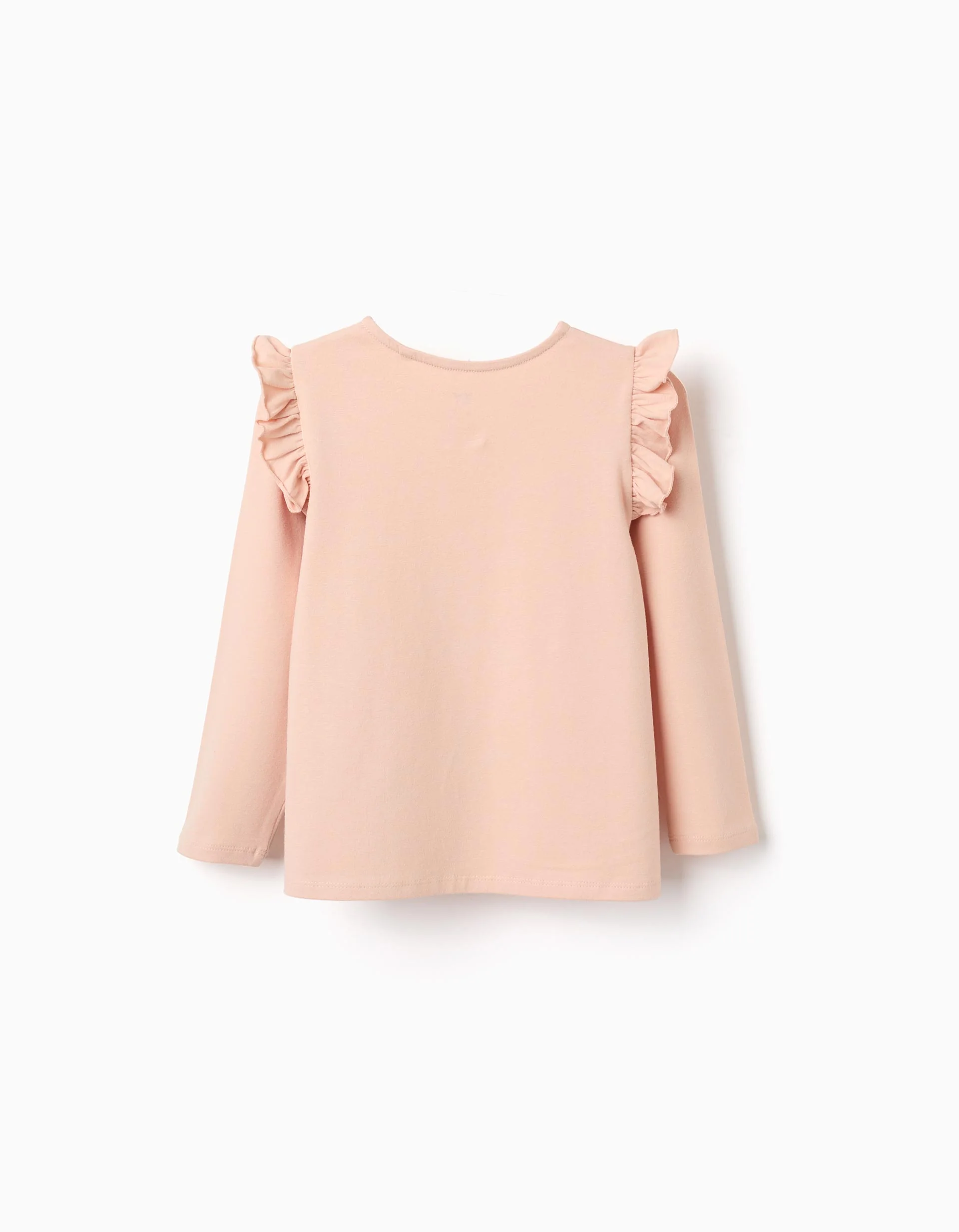 Long sleeve T-shirt with embossed print and ruffles for girls, pink