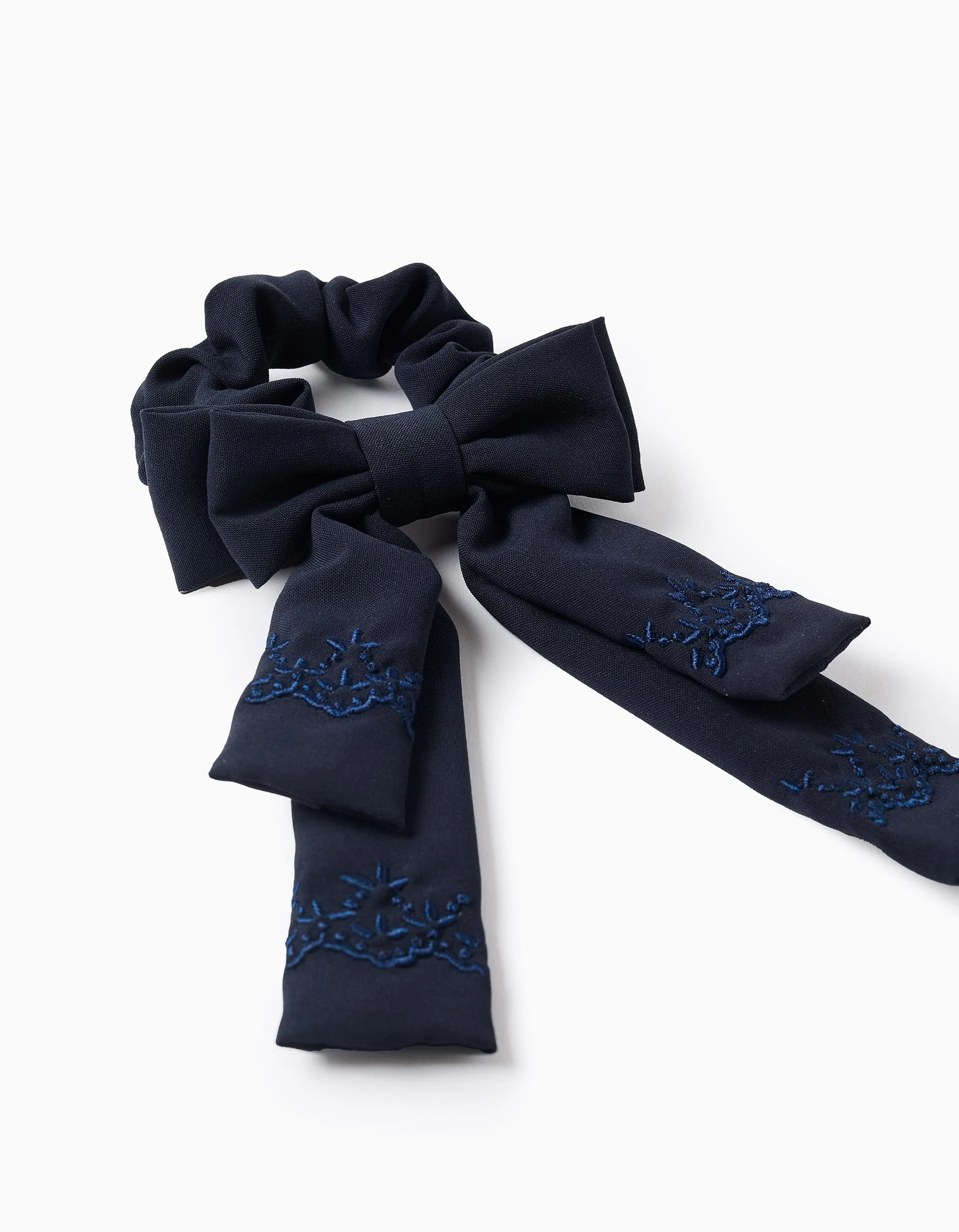 Scrunchie with Bow and Embroidery for Babies and Girls, Dark Blue