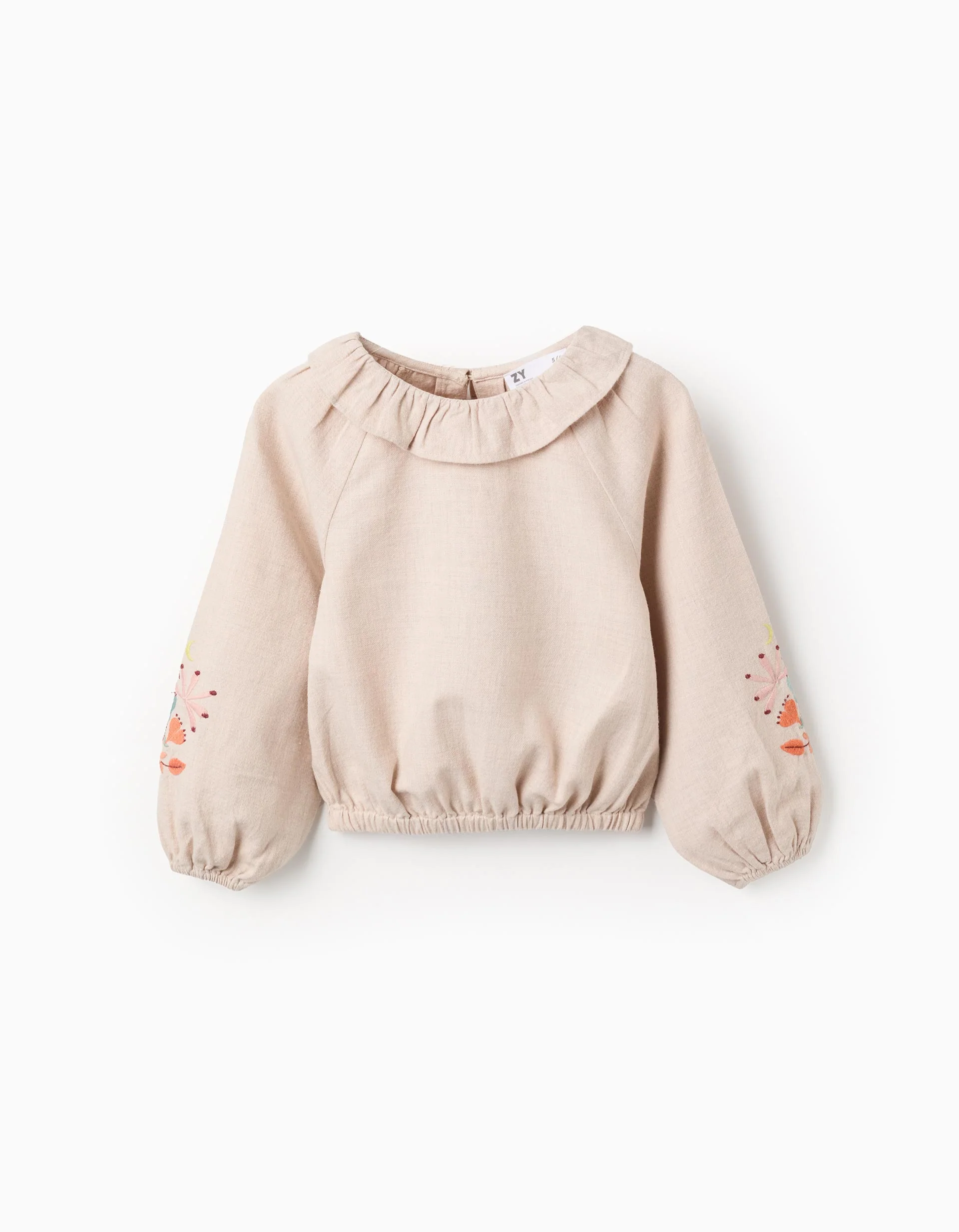 Twill Blouse with Ruffles and Flower Embroidery for Girls, Beige
