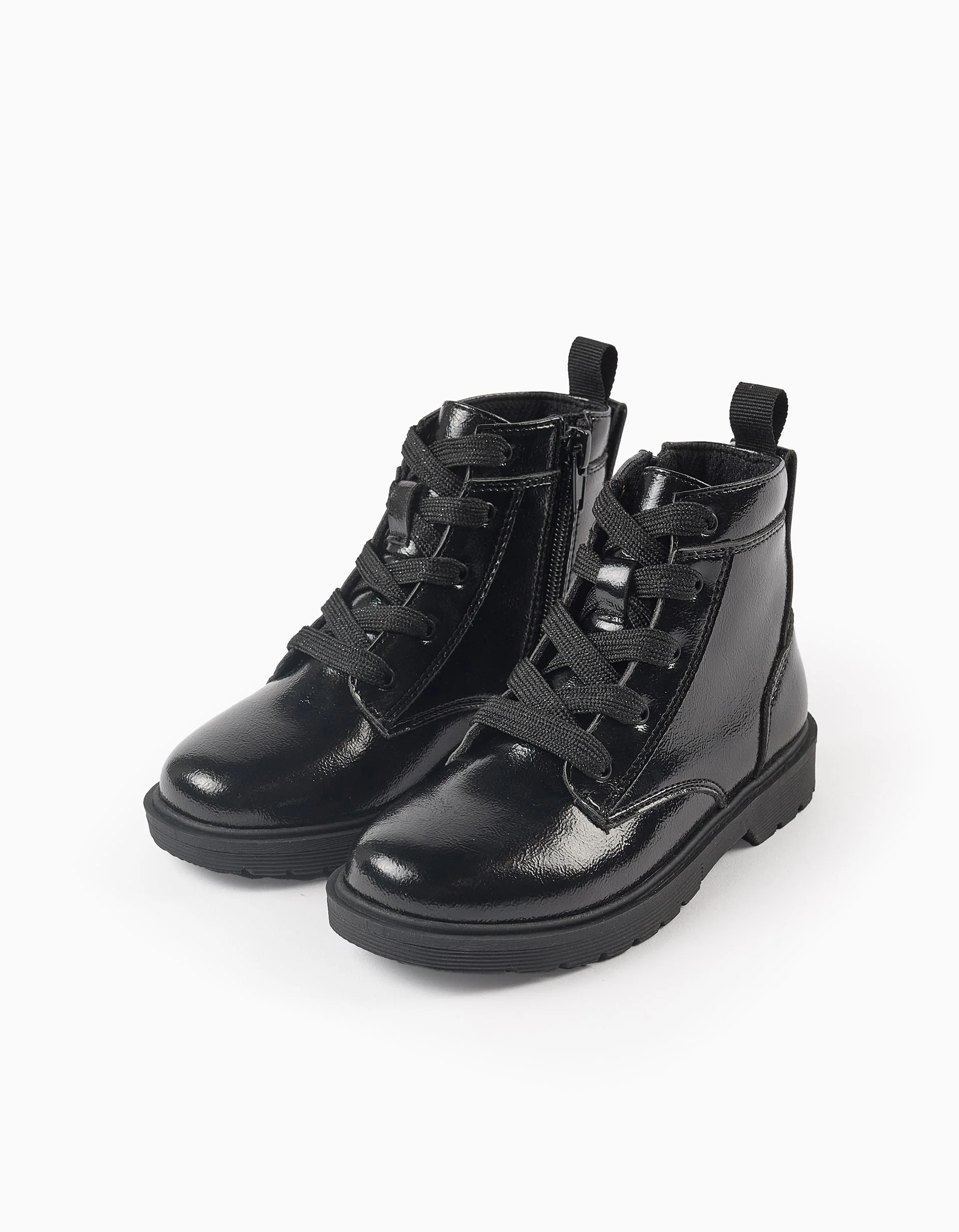 Biker boots with laces and a shiny finish for girls, black