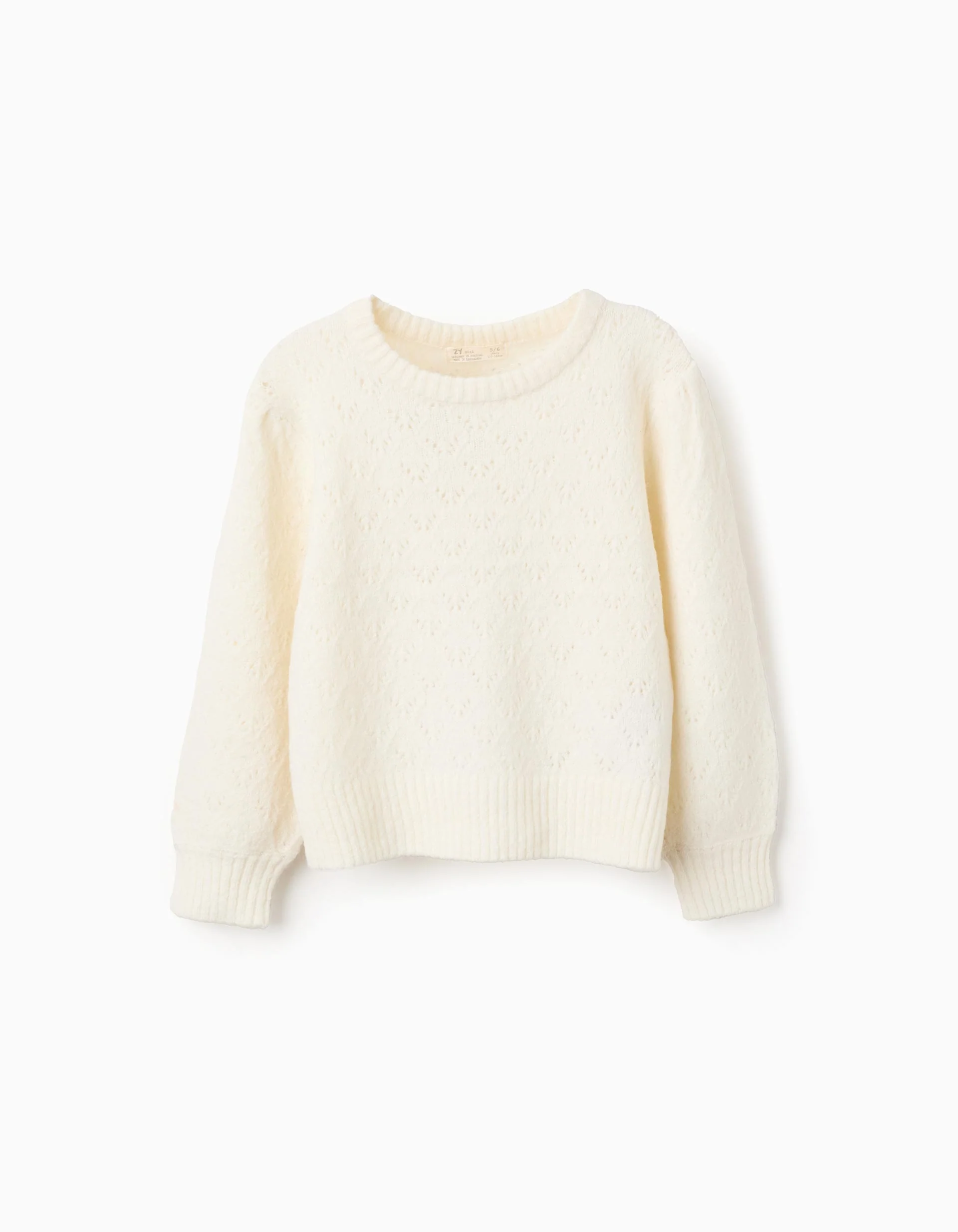 Knitted Jumper with Broderie Anglaise and Drop Shoulders for Girls, White