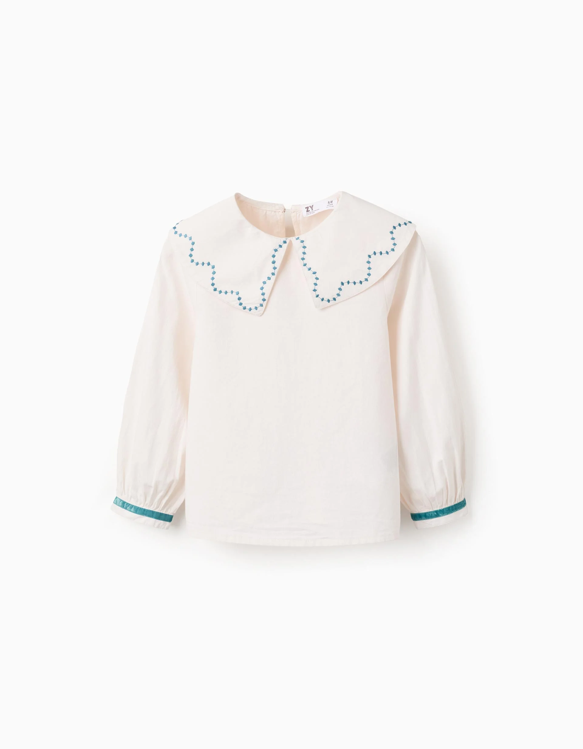 Poplin blouse with embroidered details for girls, white/turquoise blue