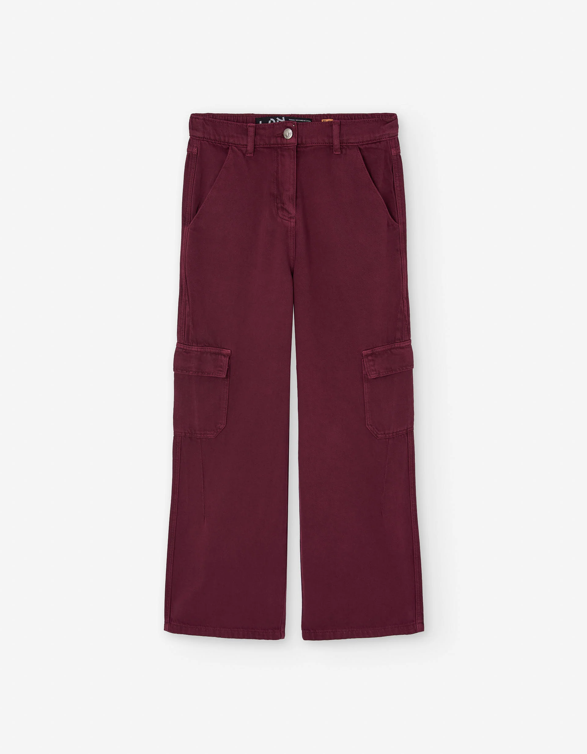 Wide leg twill trousers with cargo pockets for girls, dark red