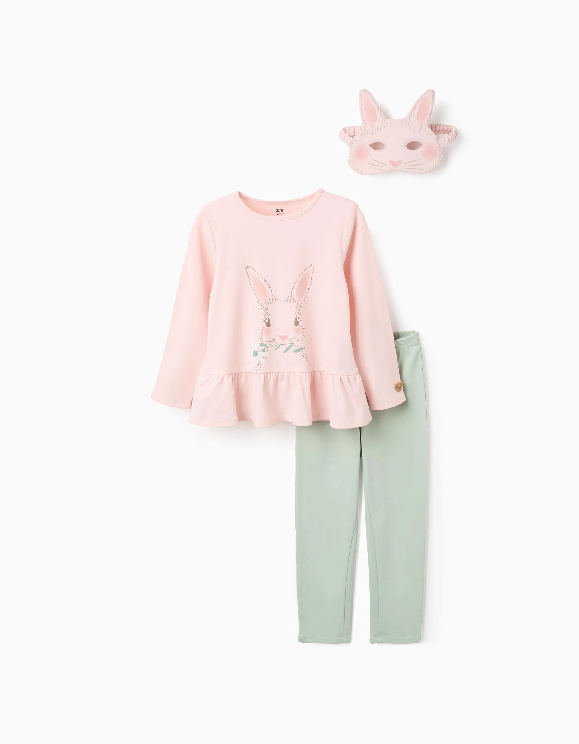 Cotton Pyjama with Bunny Mask for Girls, Green/Pink