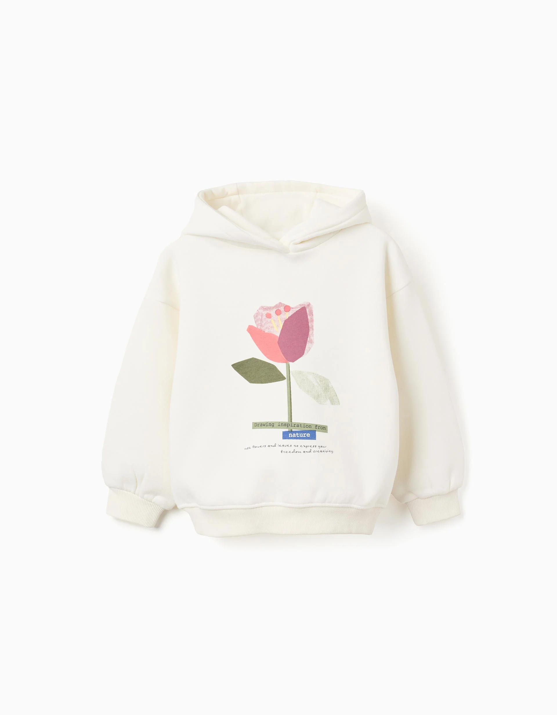 Brushed hooded sweatshirt with flower print for girls, white