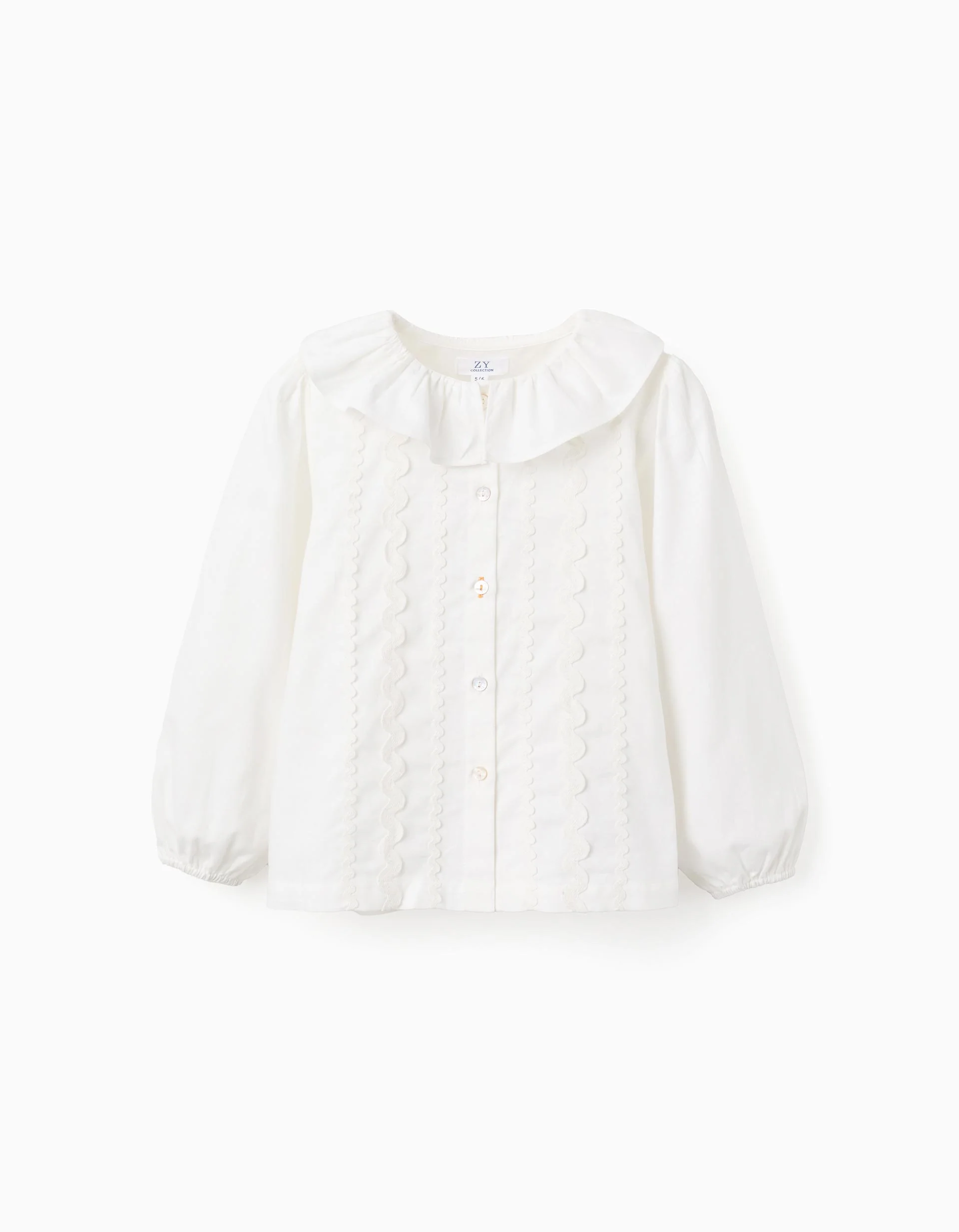 Cotton Twill Shirt with Wavy Ribbons for Girls, White