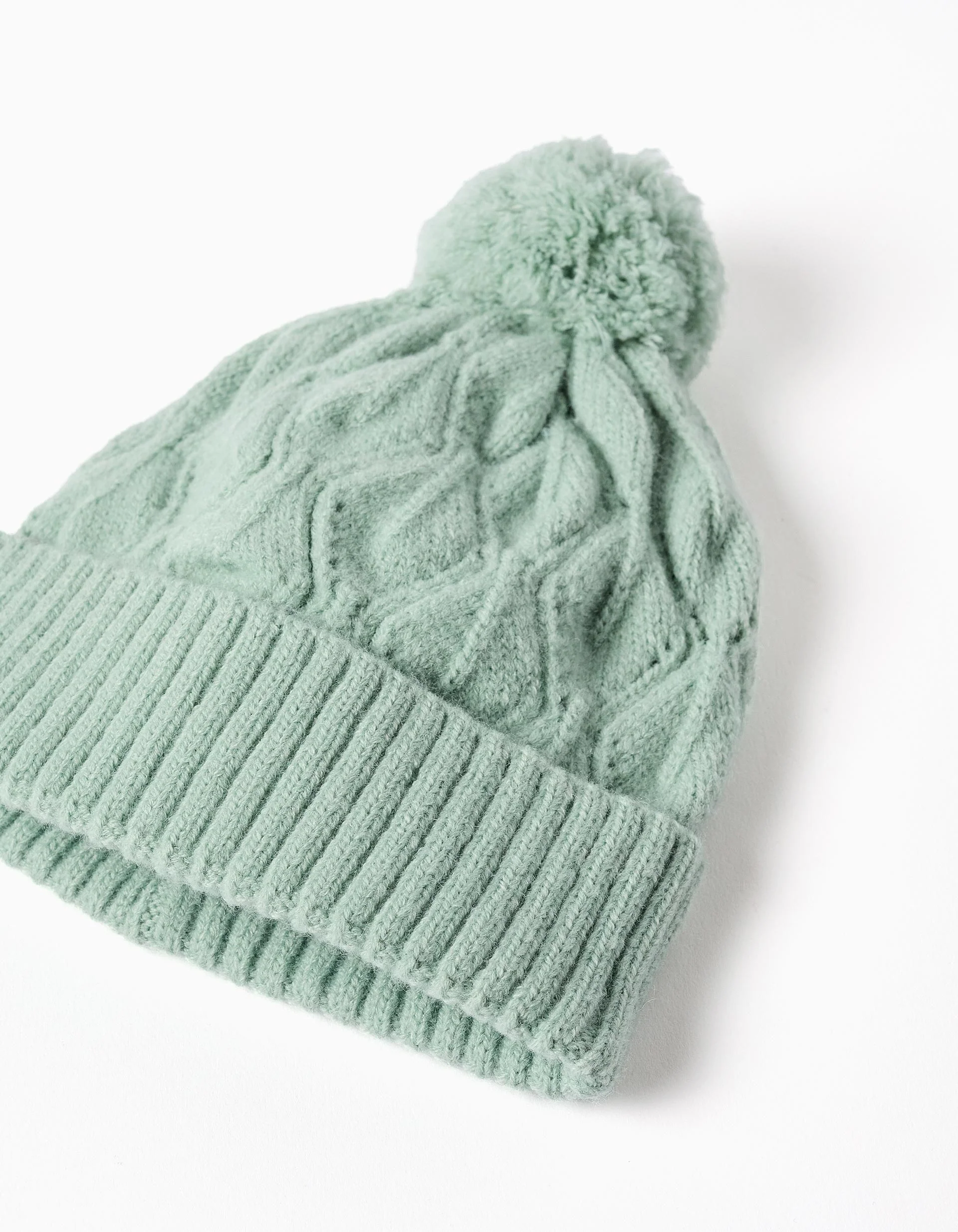 Cable knit beanie with pompon for girls, light green