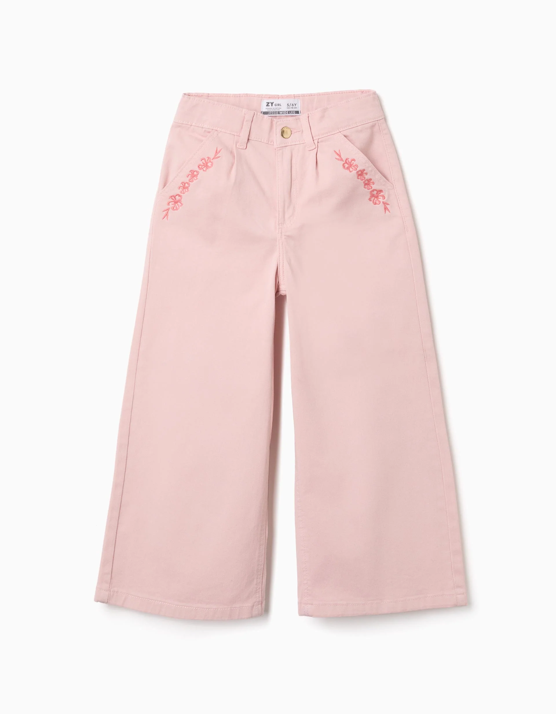 Wide leg twill trousers with embroidered flowers for girls, light pink