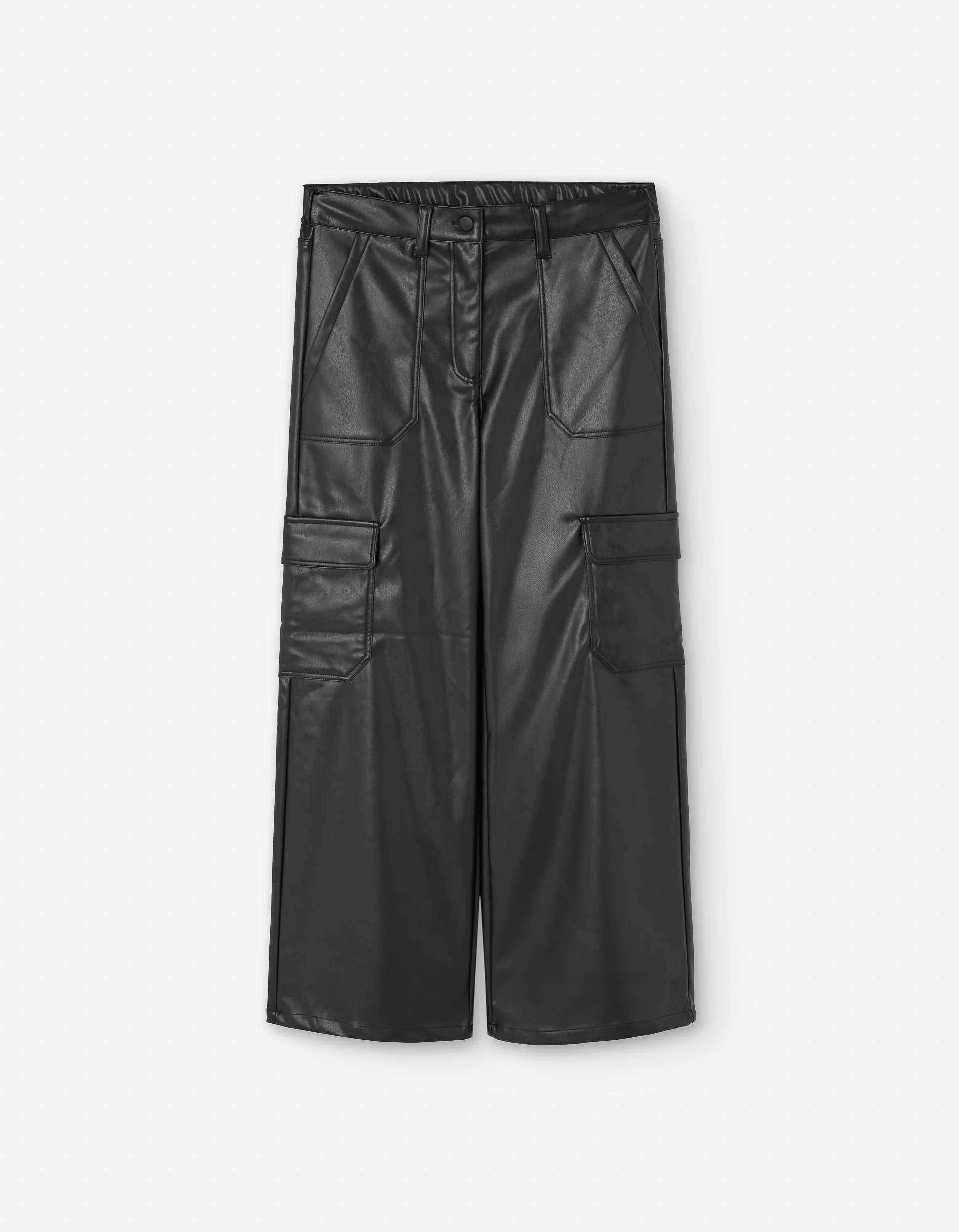 Synthetic leather trousers with cargo pockets for girls, black