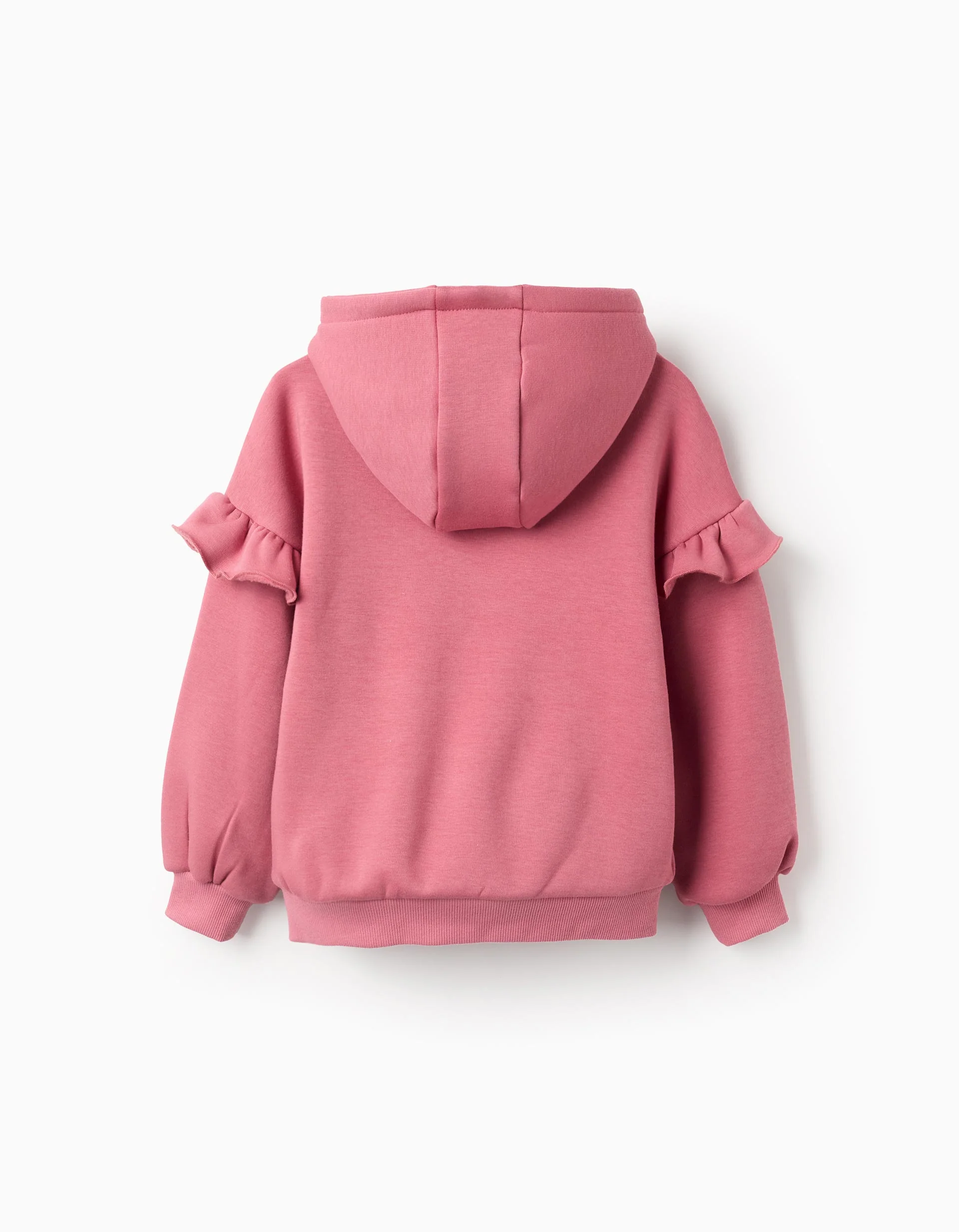 Brushed hooded sweatshirt with ruffles and print for girls, pink