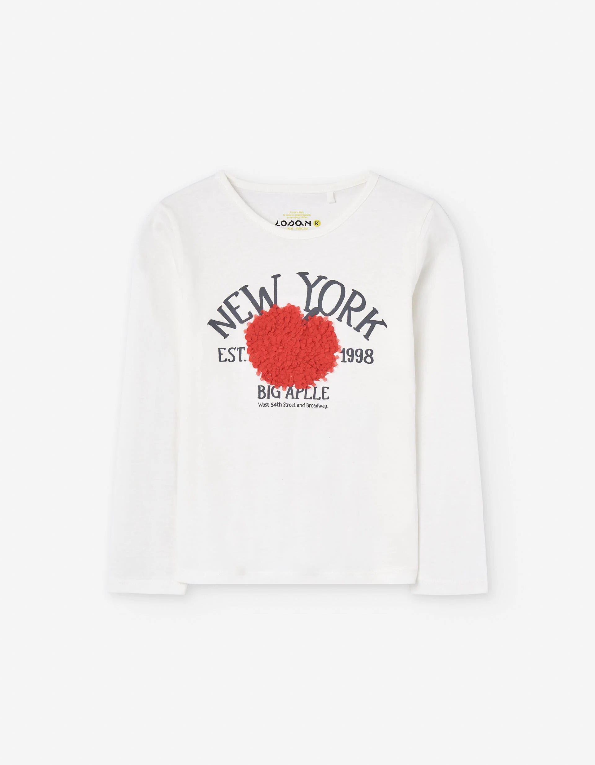 Long sleeve cotton T-shirt with 'New York' print for girls, white/red