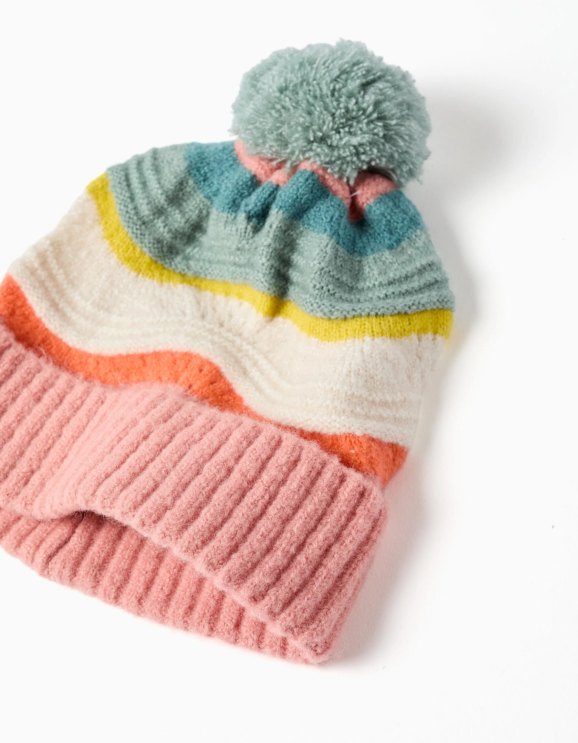 Knitted beanie with jacquard and pompon for girls, multicolour