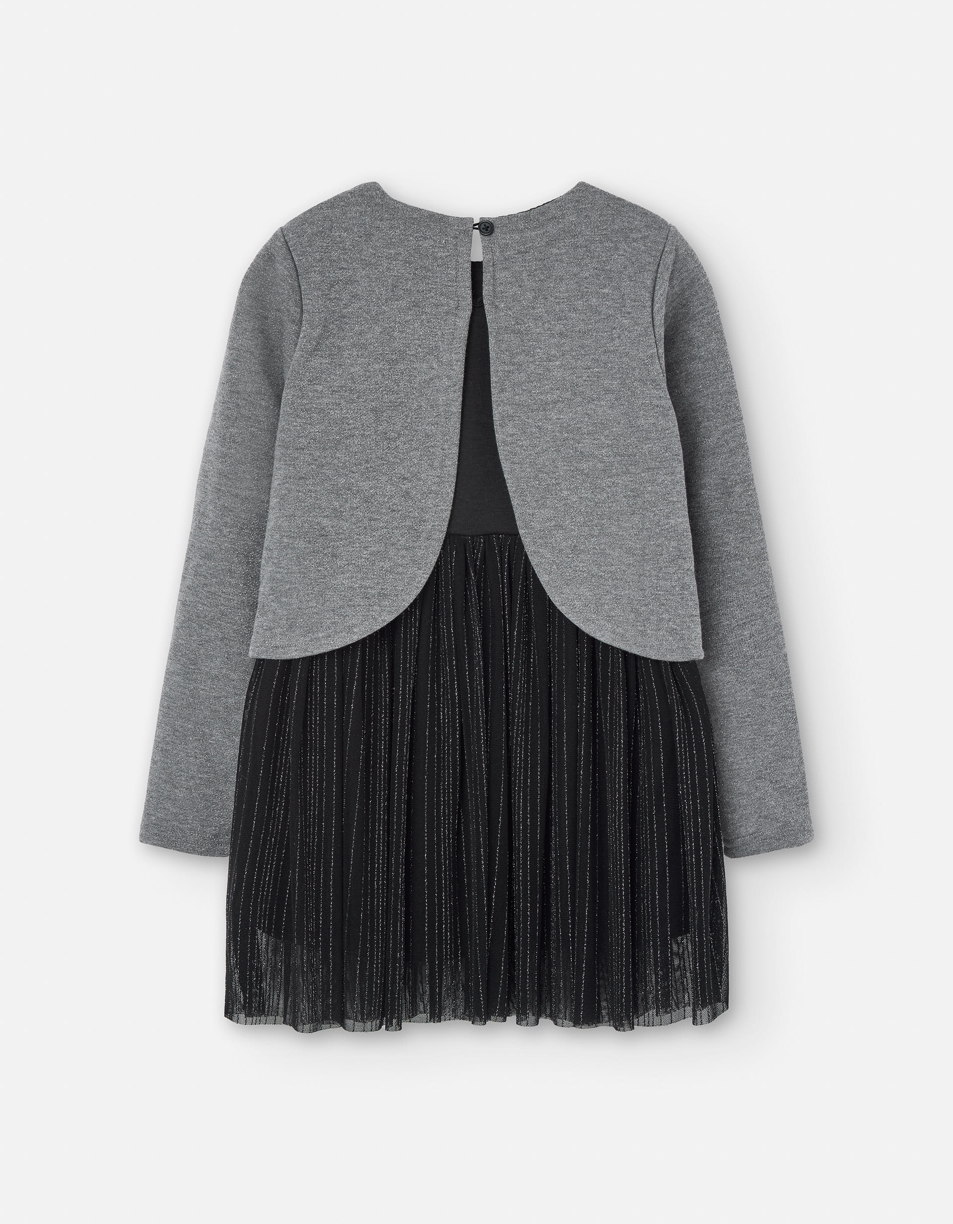 Dual-fabric dress with tulle skirt for girls, grey/black