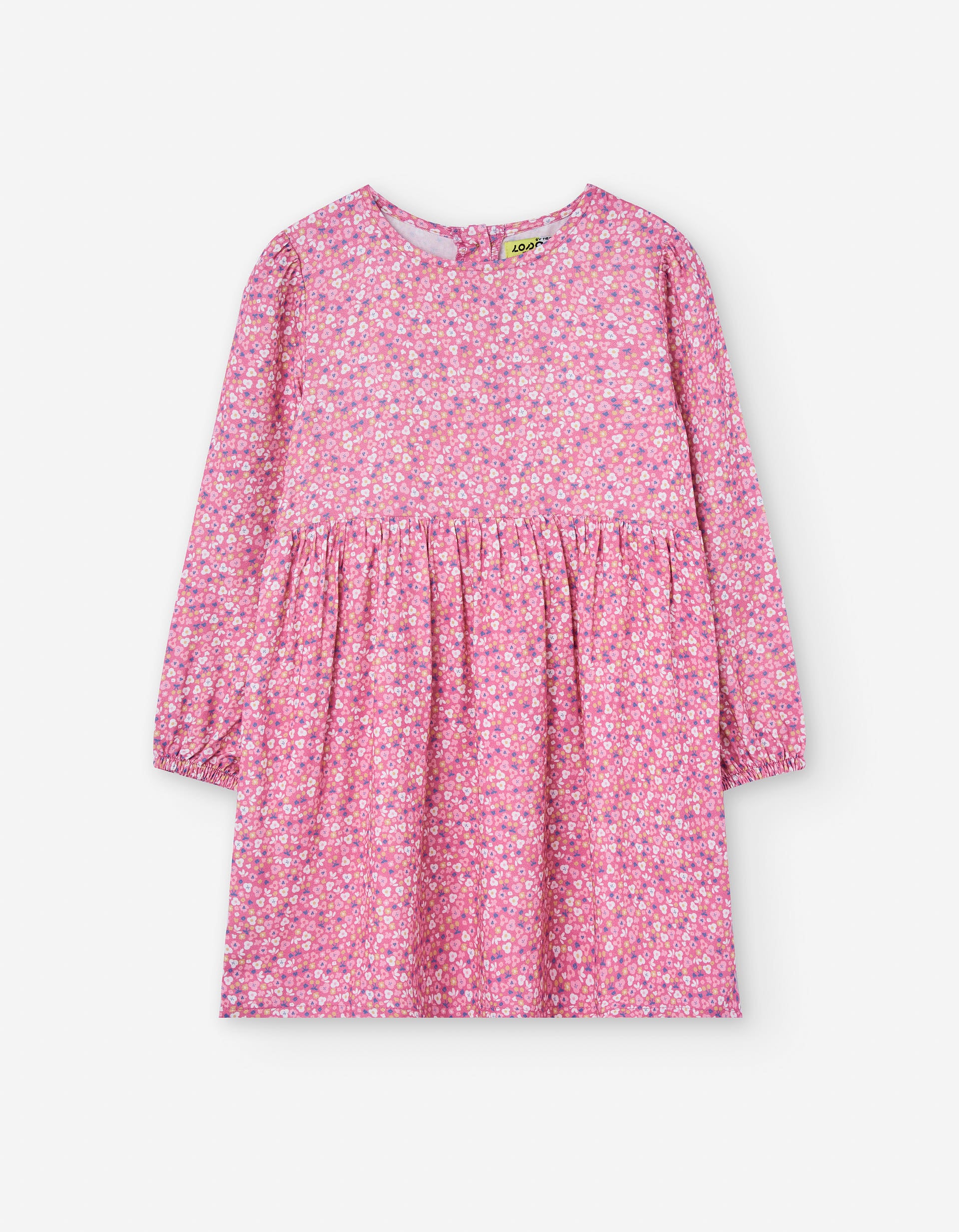 Long sleeve twill dress with floral motif for girls, pink