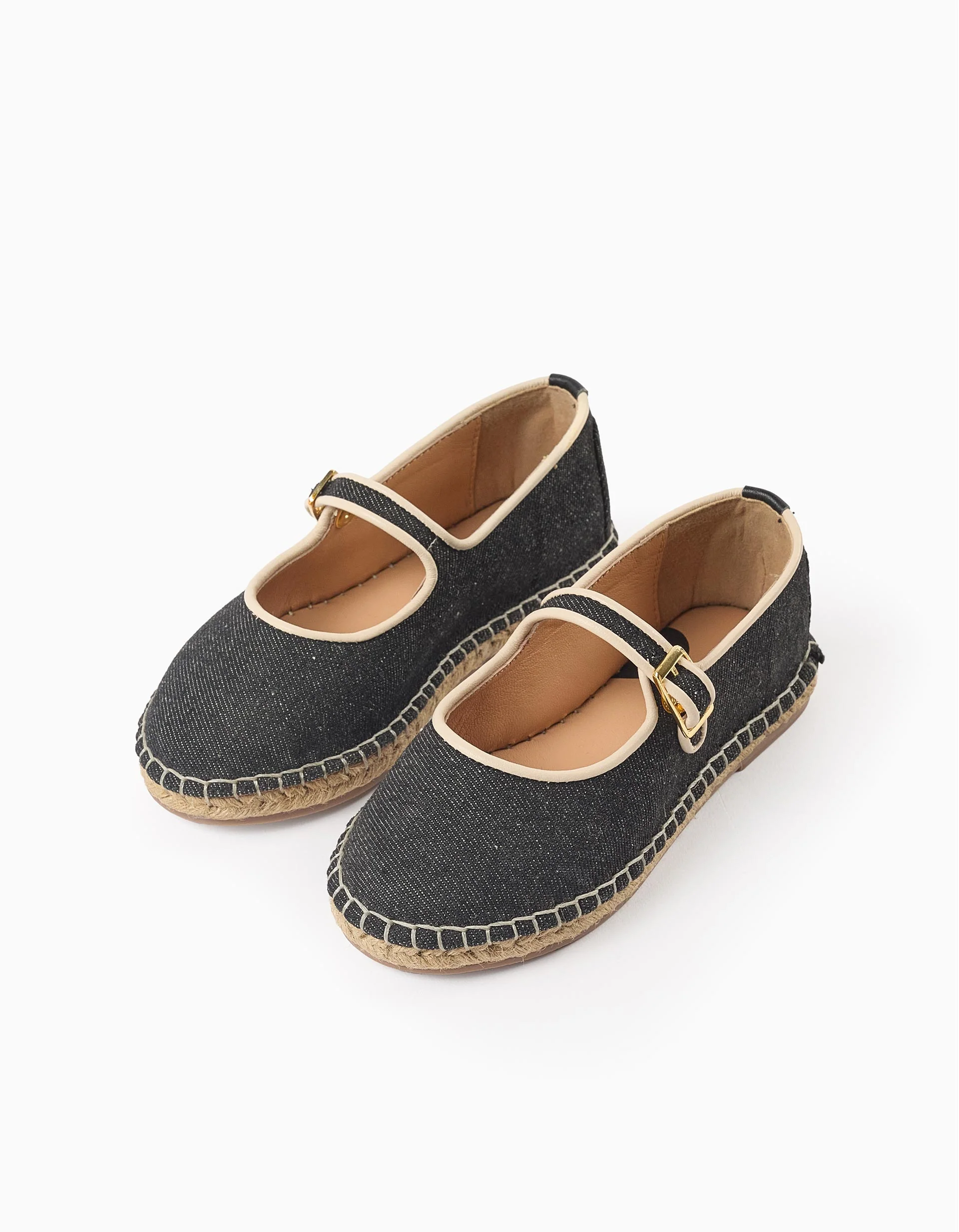 Denim Ballerina Flats with Jute for Girls, Black/Beige
