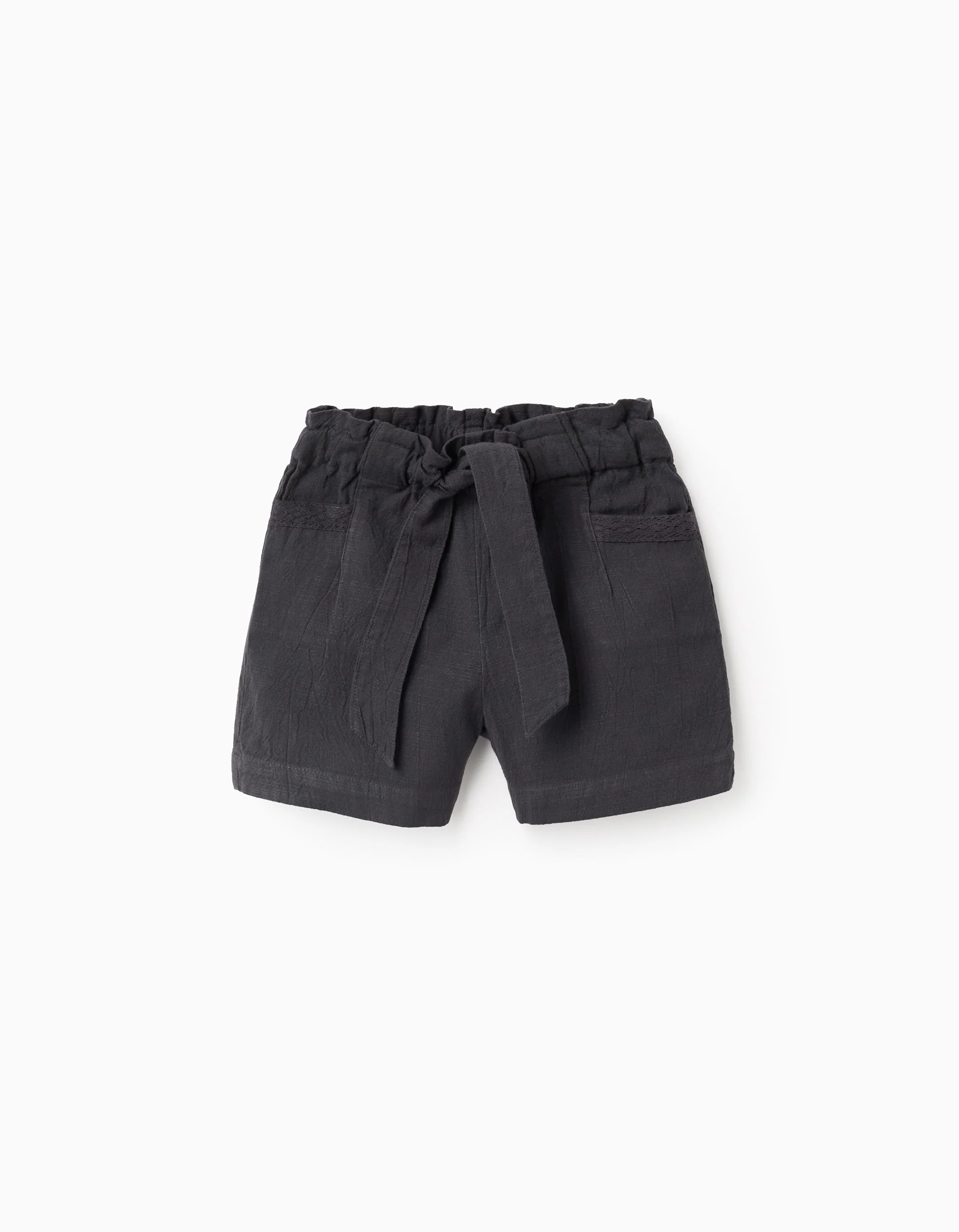 Slub Cotton Shorts with Ribbons for Girls, Dark Grey