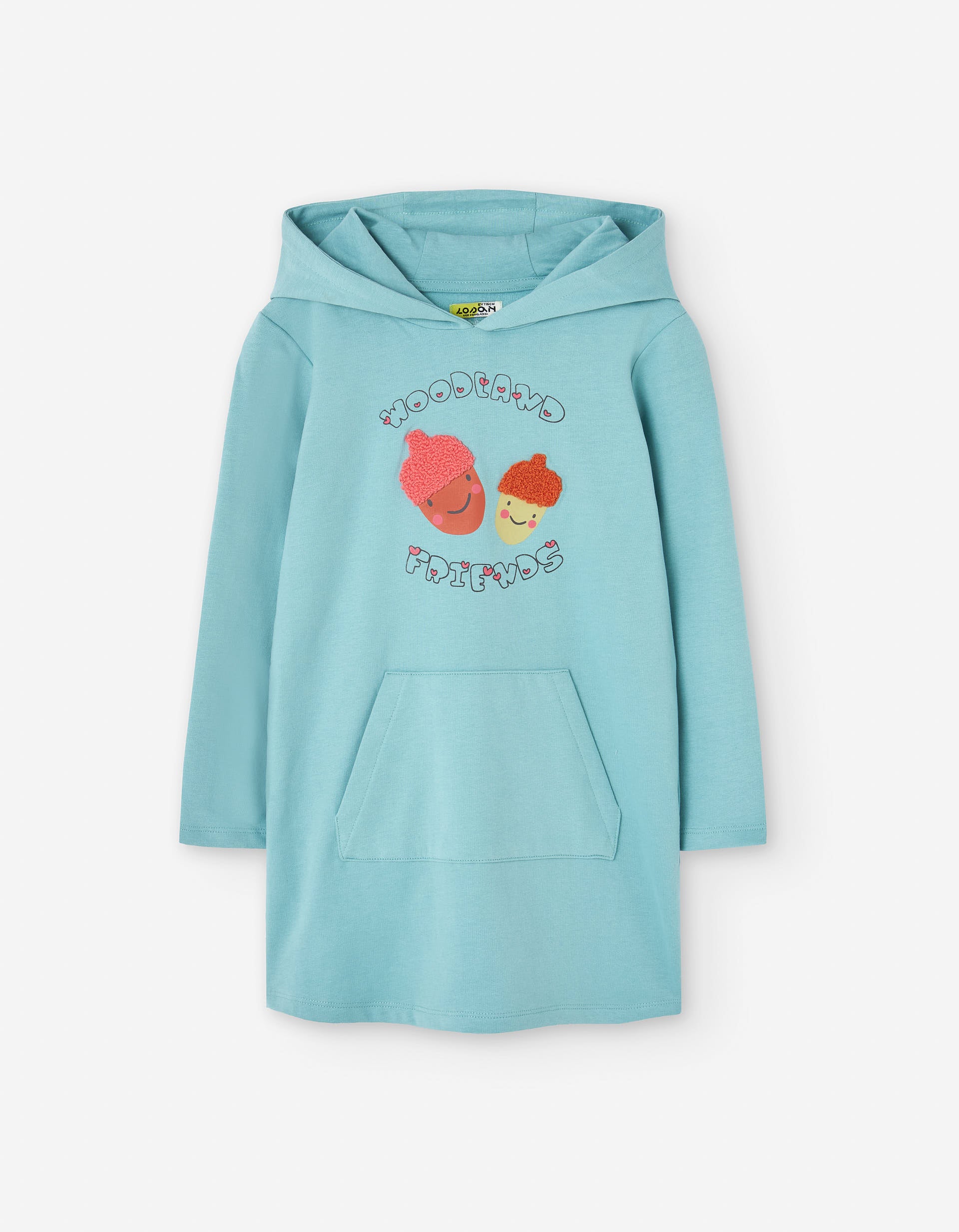 Cotton hooded dress with front print and pocket for girls, blue