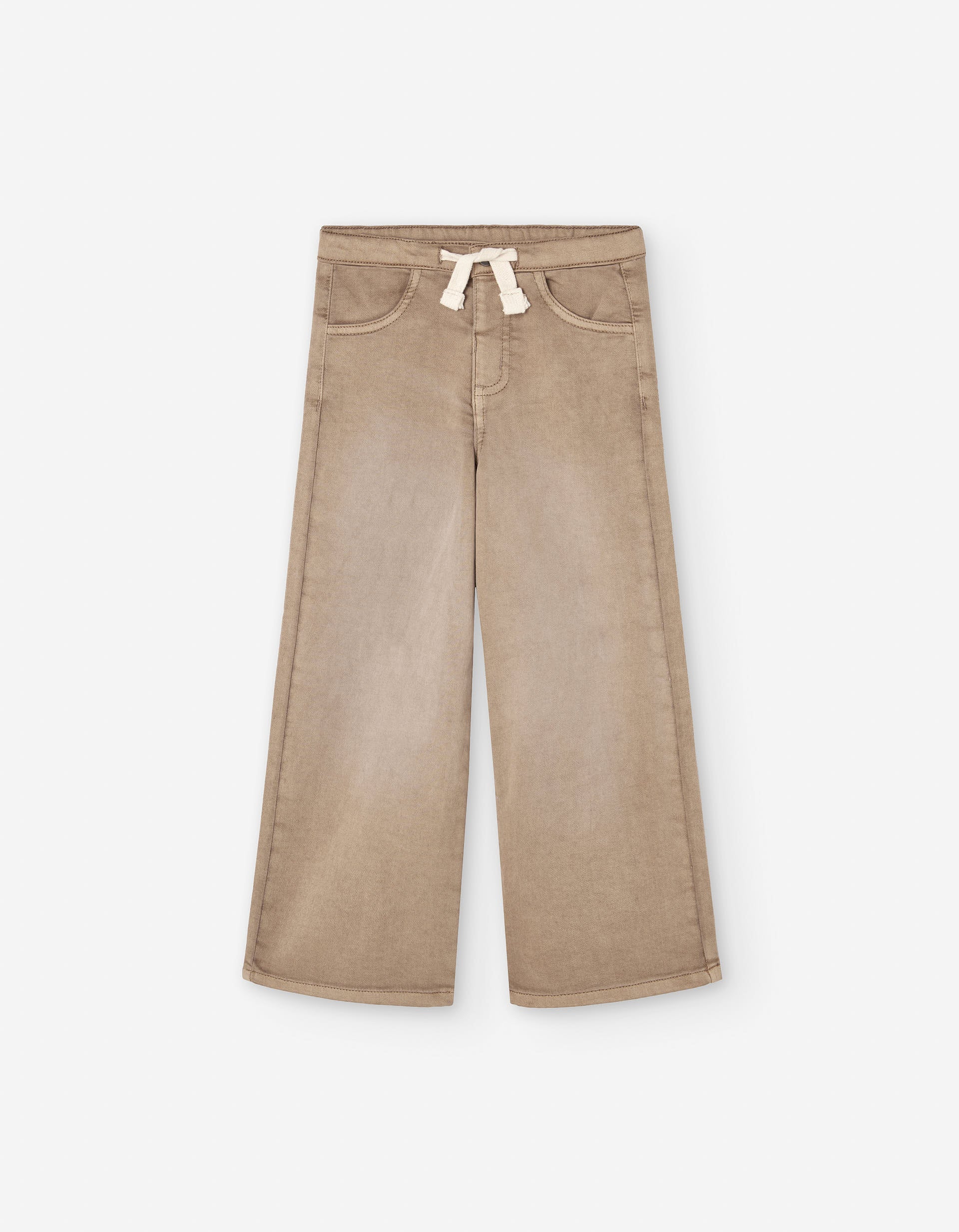 Wide leg denim trousers with drawstring for girls, brown