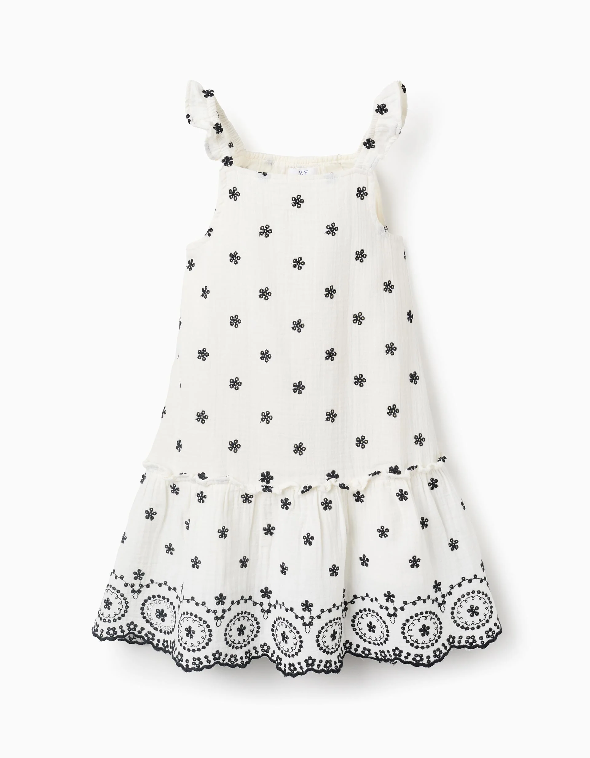 Cotton Bamboula Dress with Embroidery for Girls, White/Black
