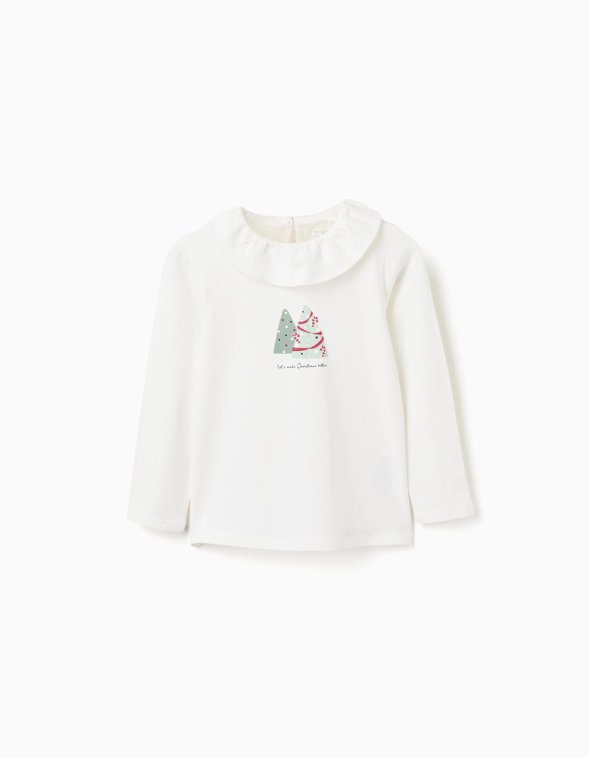 Long sleeve T-shirt with ruffle collar and print for girls, white
