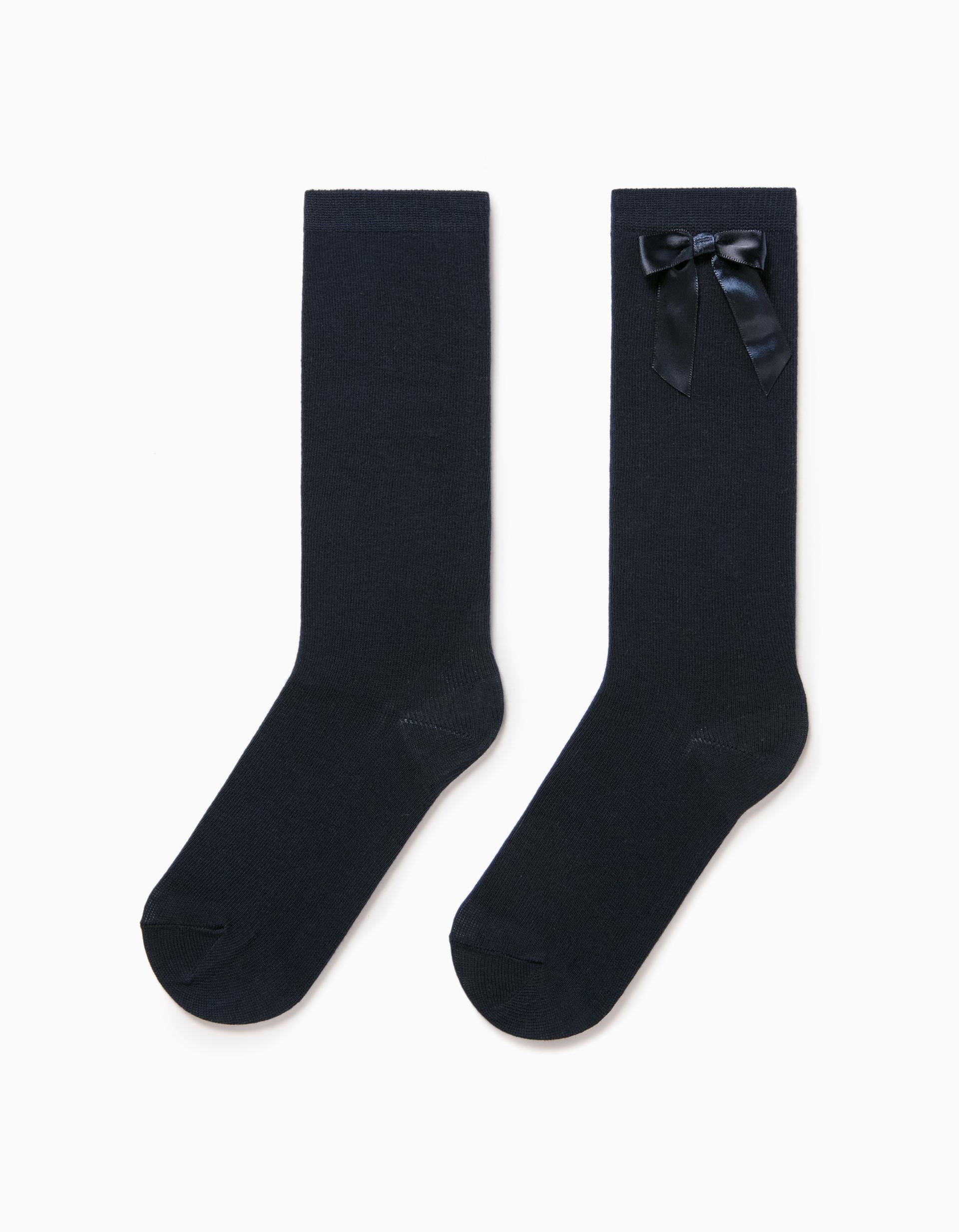 High Socks with Satin Bow for Girls, Dark Blue