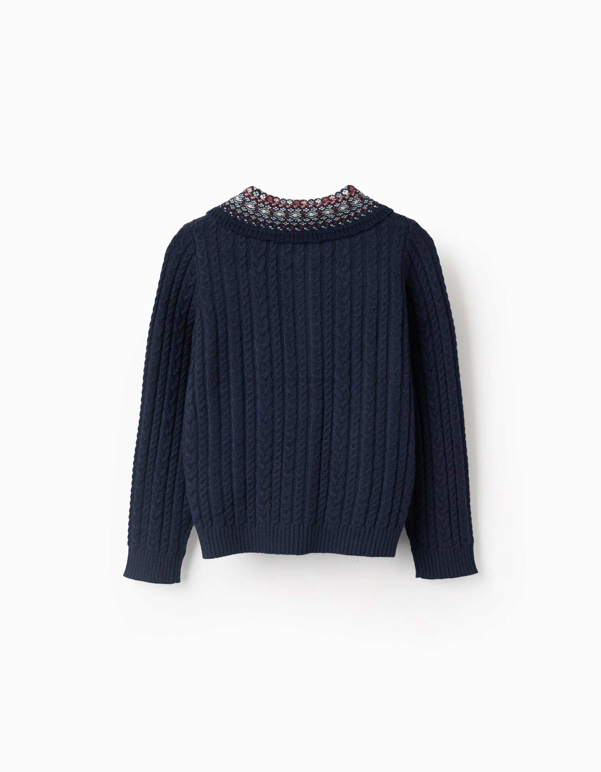 Knitted Cardigan with Floral Collar for Girls, Dark Blue